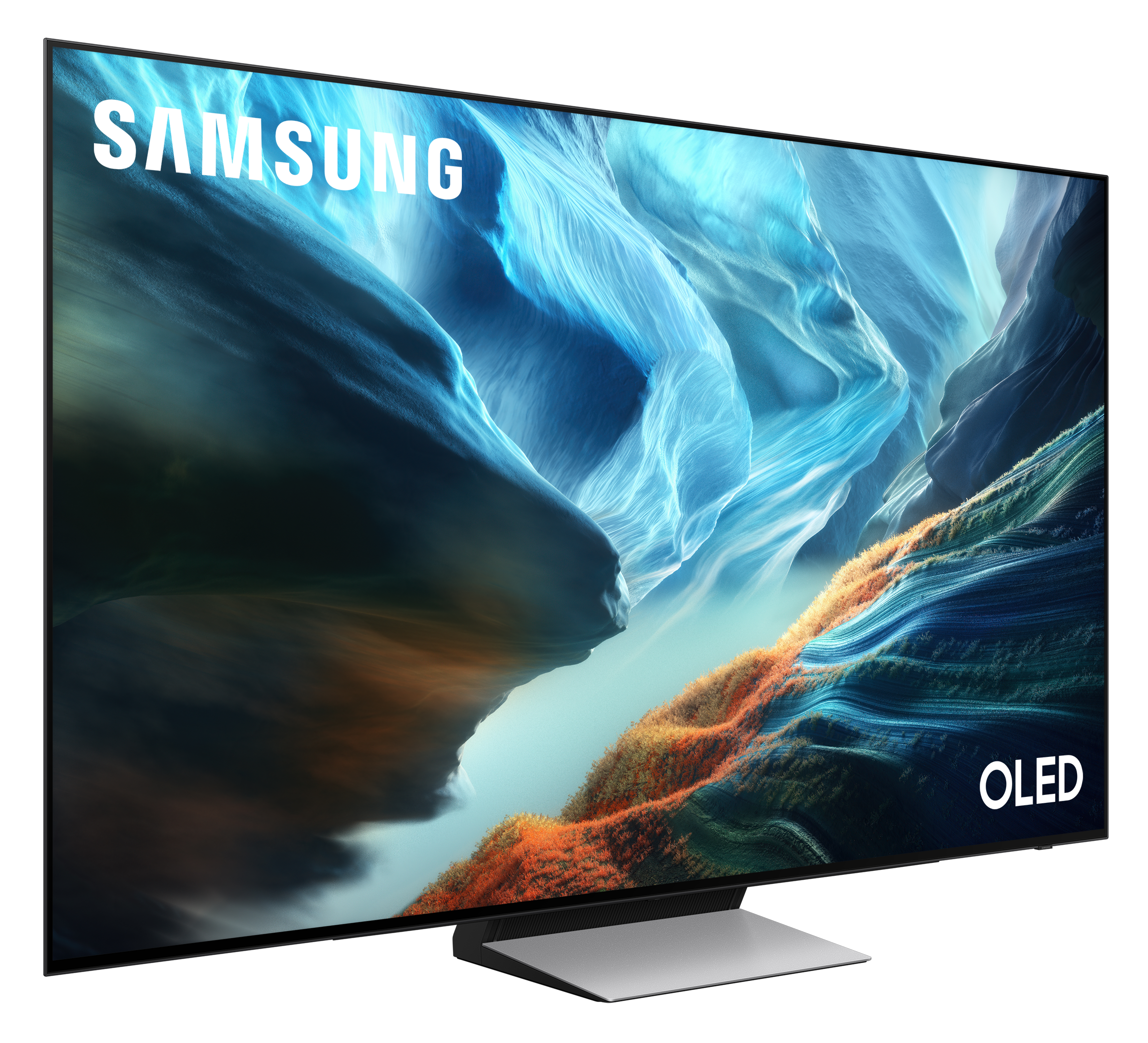 Telewizor Samsung OLED z abstrakcyjnym niebiesko-pomarańczowym tłem.