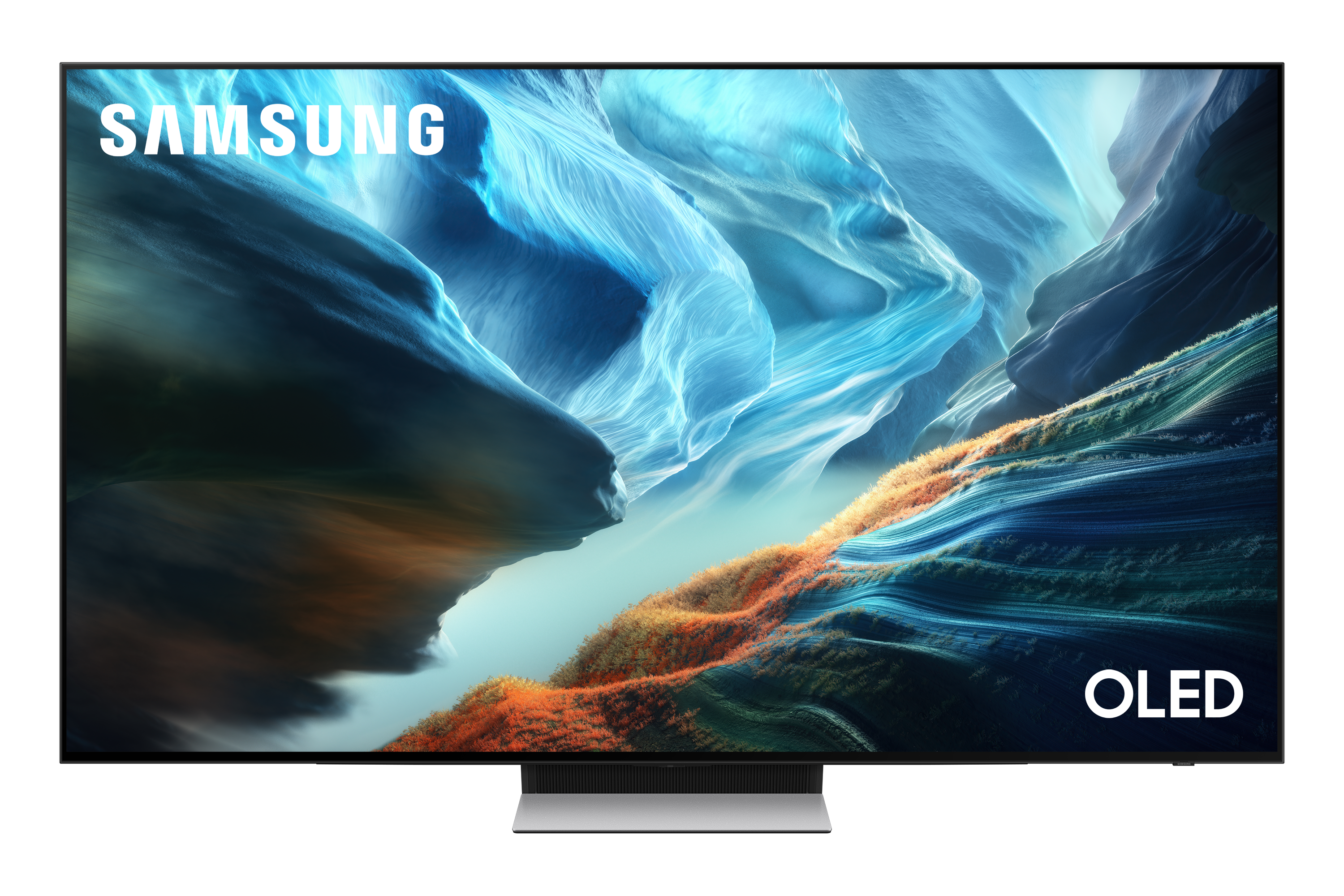 Telewizor Samsung OLED wyświetla abstrakcyjny krajobraz w odcieniach niebieskiego i pomarańczowego.