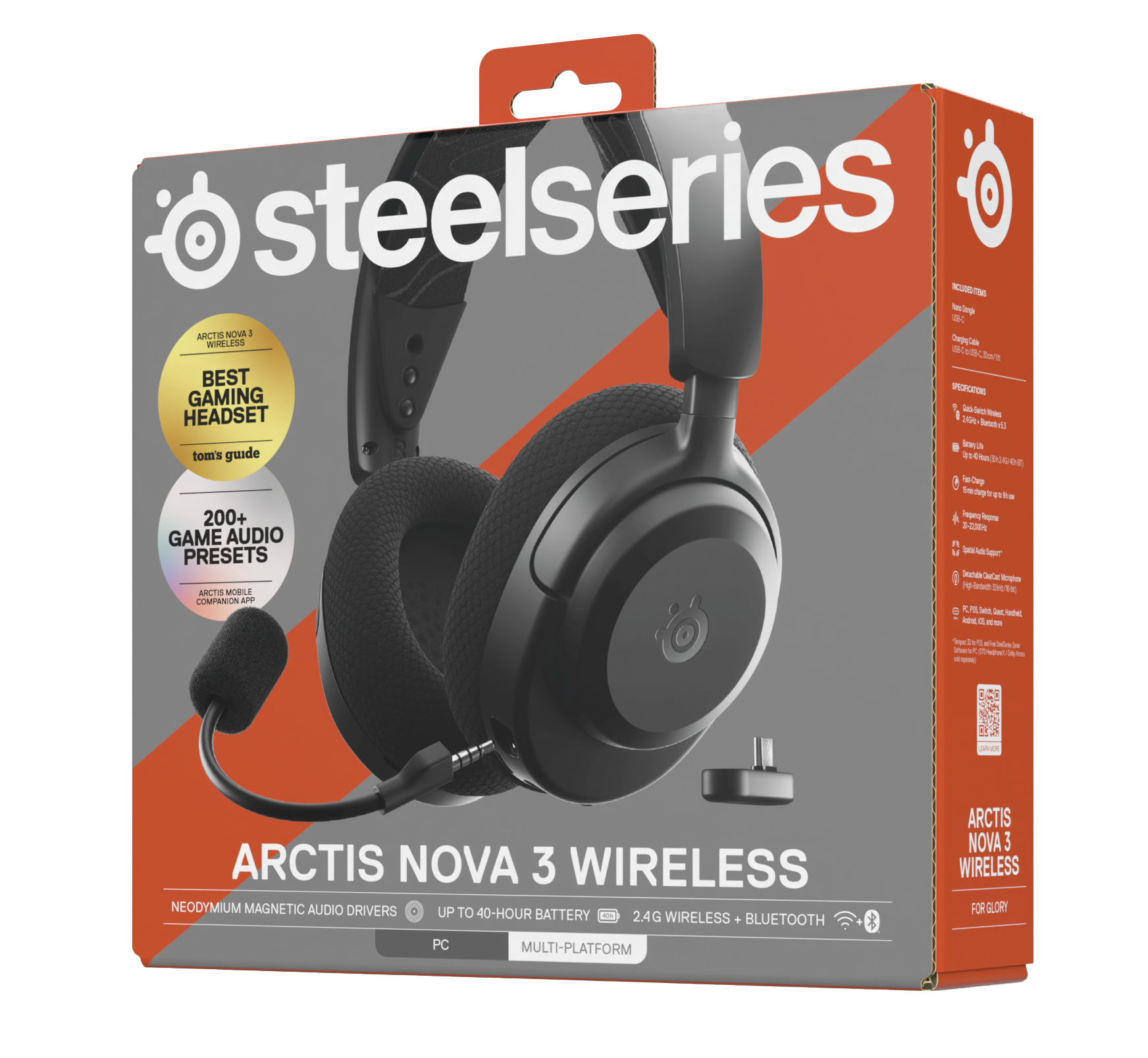 Opakowanie zestawu słuchawkowego SteelSeries Arctis Nova 3 Wireless z mikrofonem i donglem USB-C.