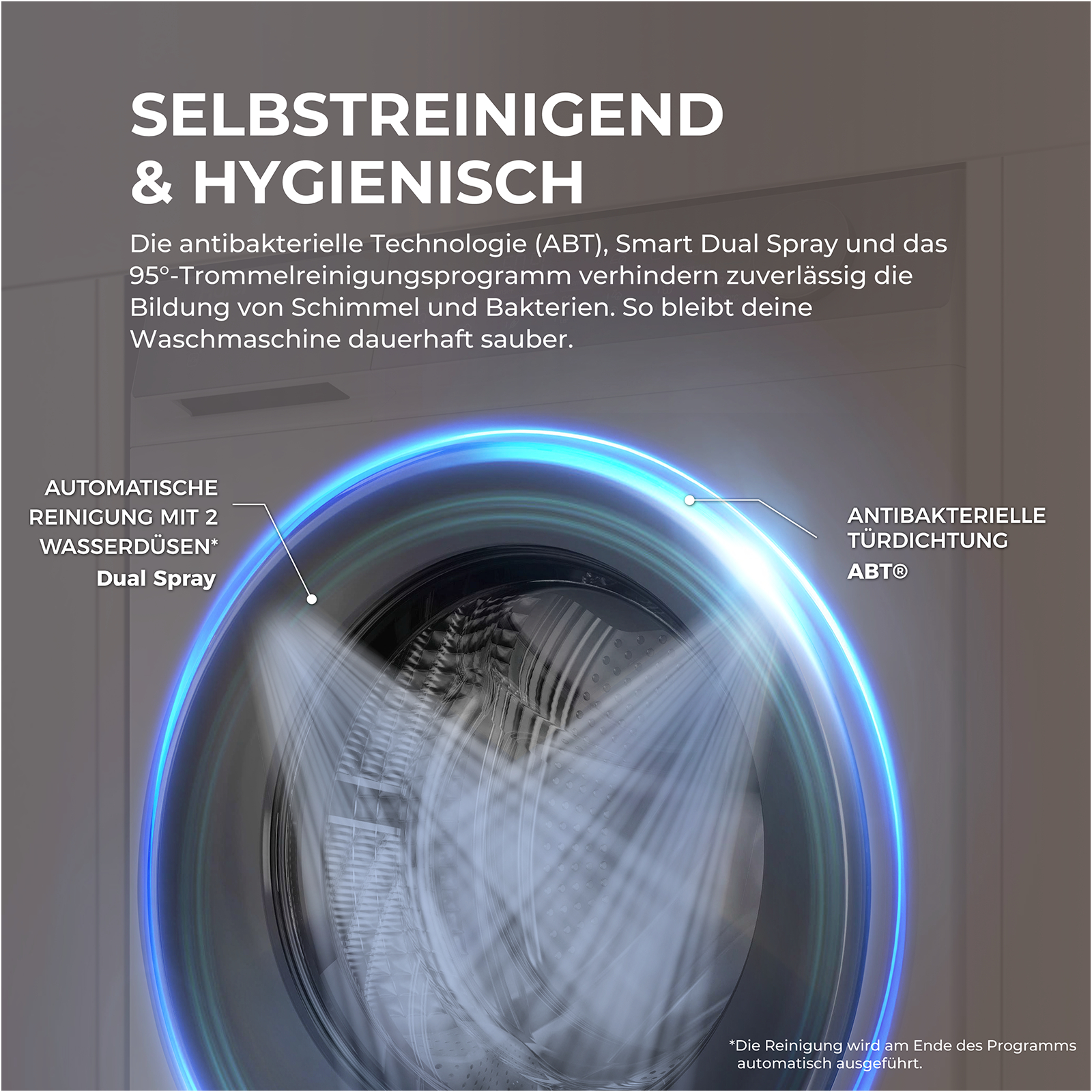 Eine Waschmaschine mit fokus auf die trommel und die düsen des dual spray systems.