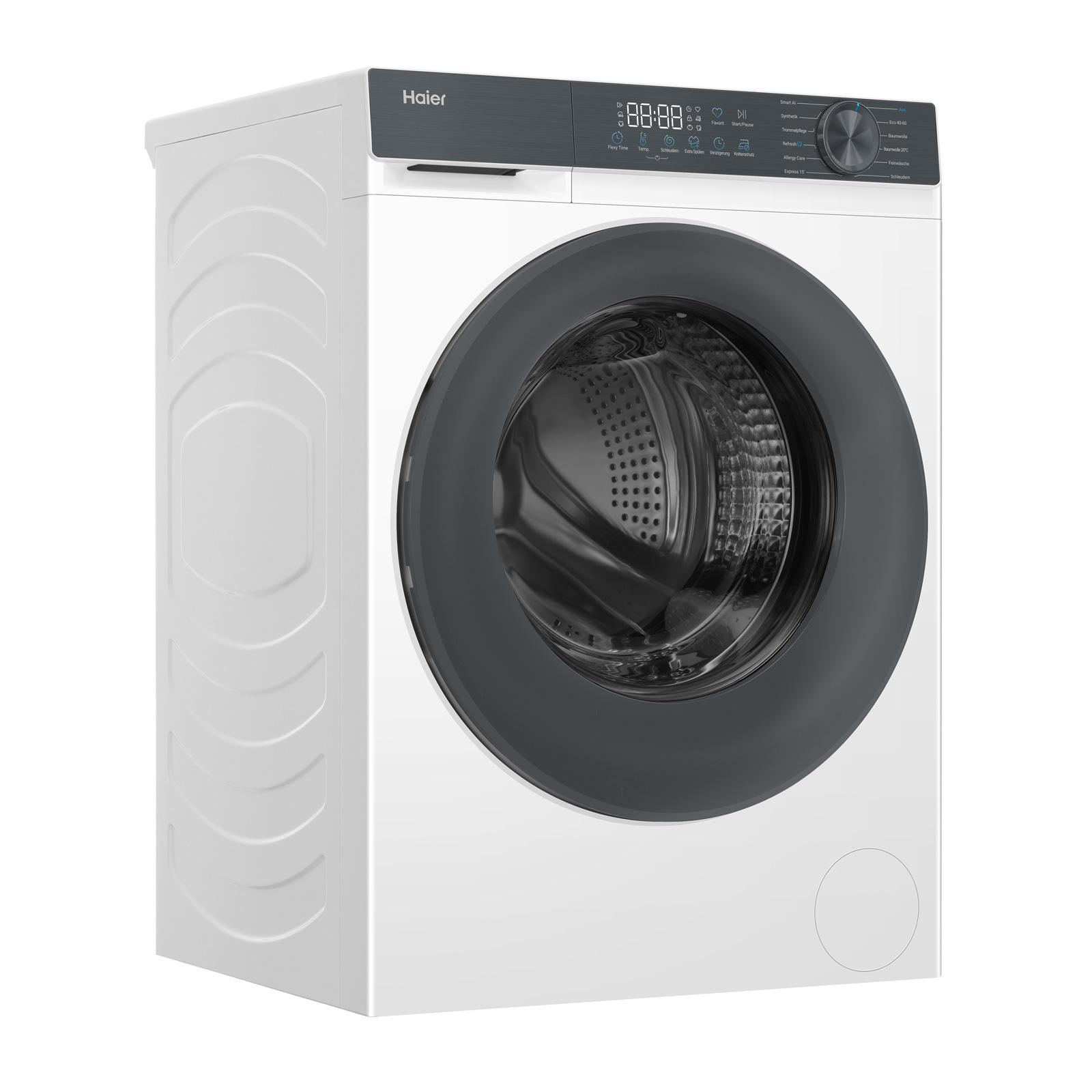 Weiße Haier-Waschmaschine mit dunklem Bullauge und Bedienfeld.