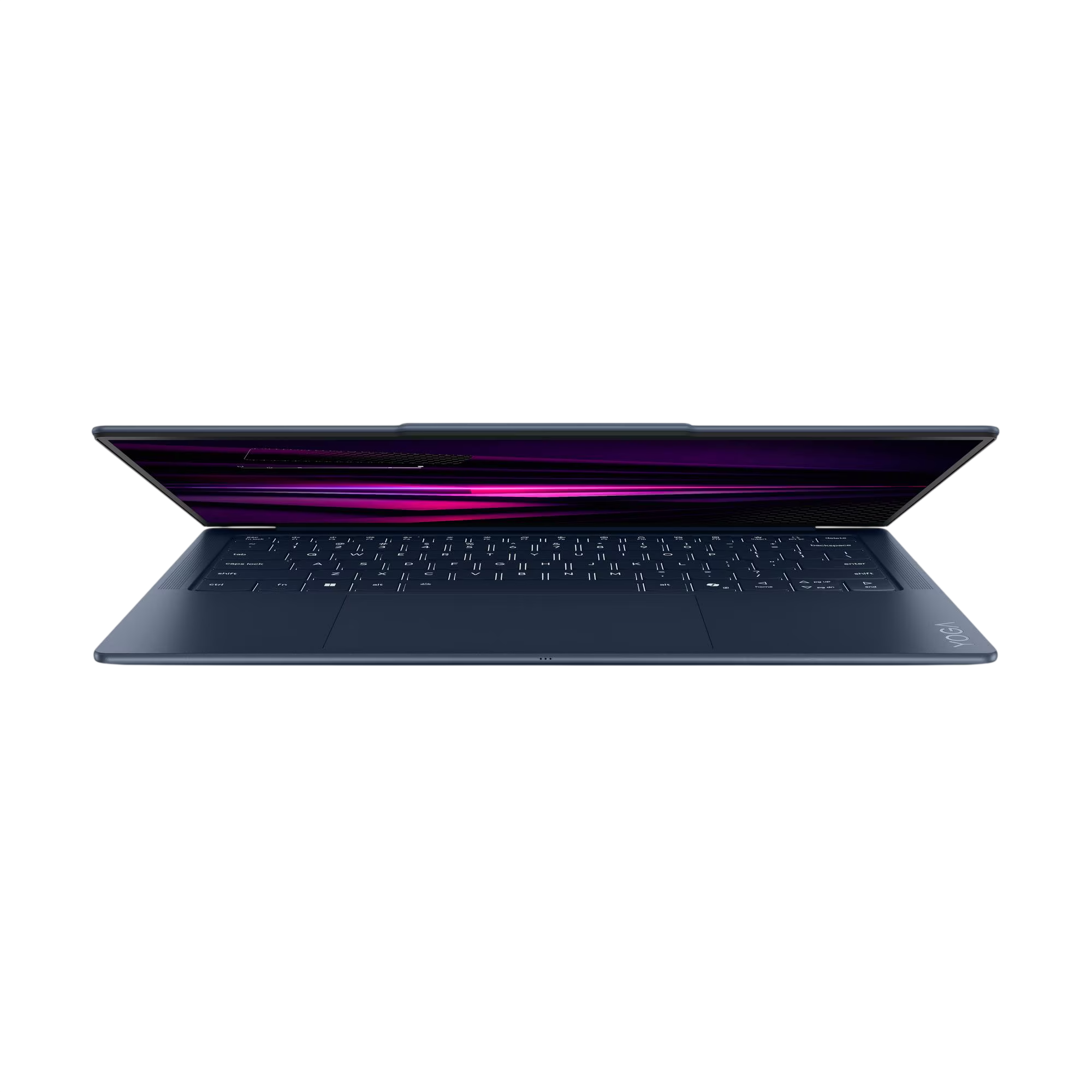 Dunkelblaues Yoga-Laptop mit beleuchteter Tastatur und violettem Bildschirm.