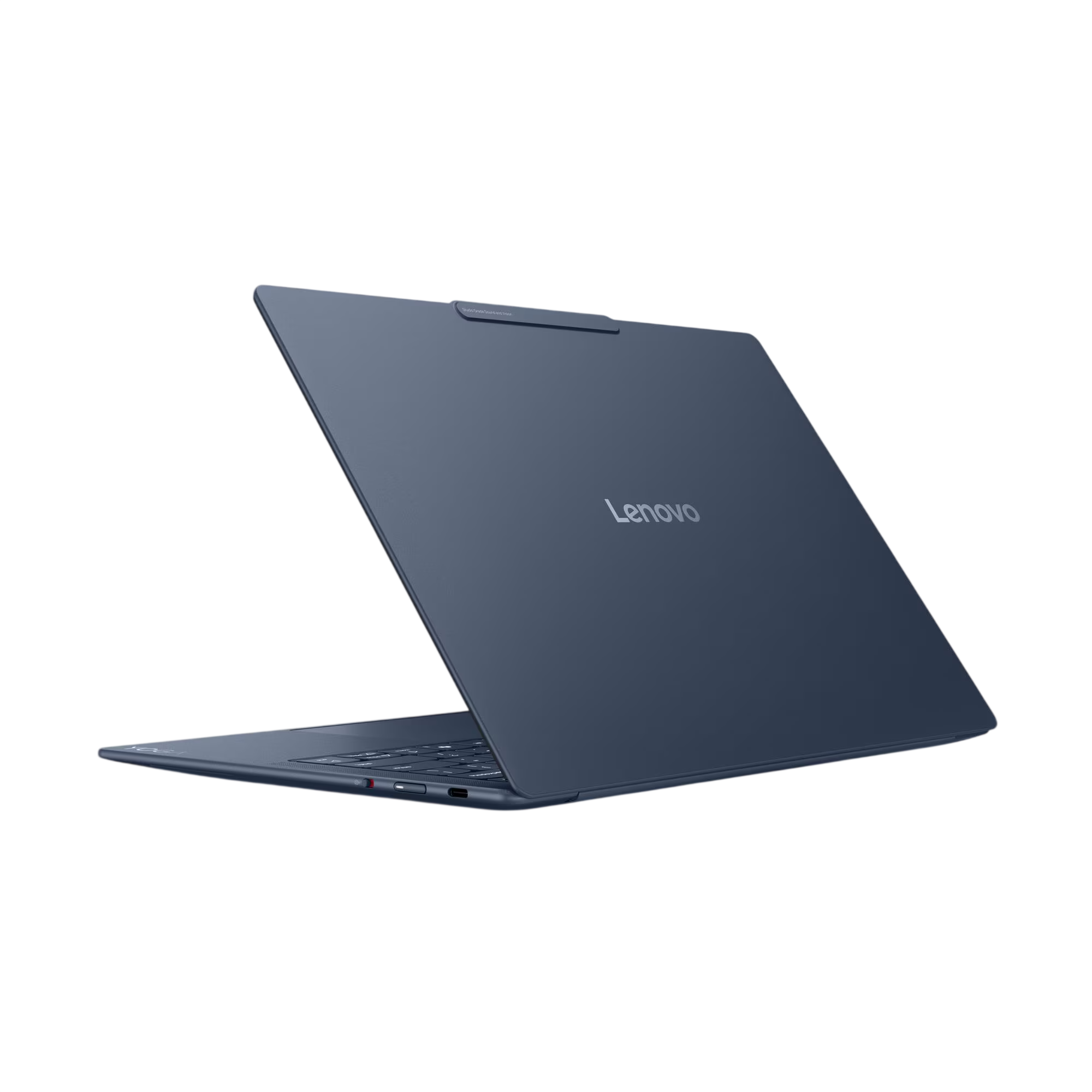 Ein dunkelblauer Lenovo Laptop ist geöffnet und seitlich abgebildet.