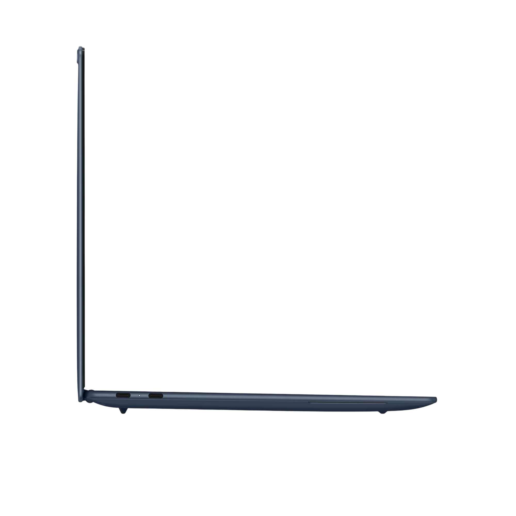 Draufsicht eines dunkelblauen Laptops mit USB-C-Anschlüssen an der Seite.