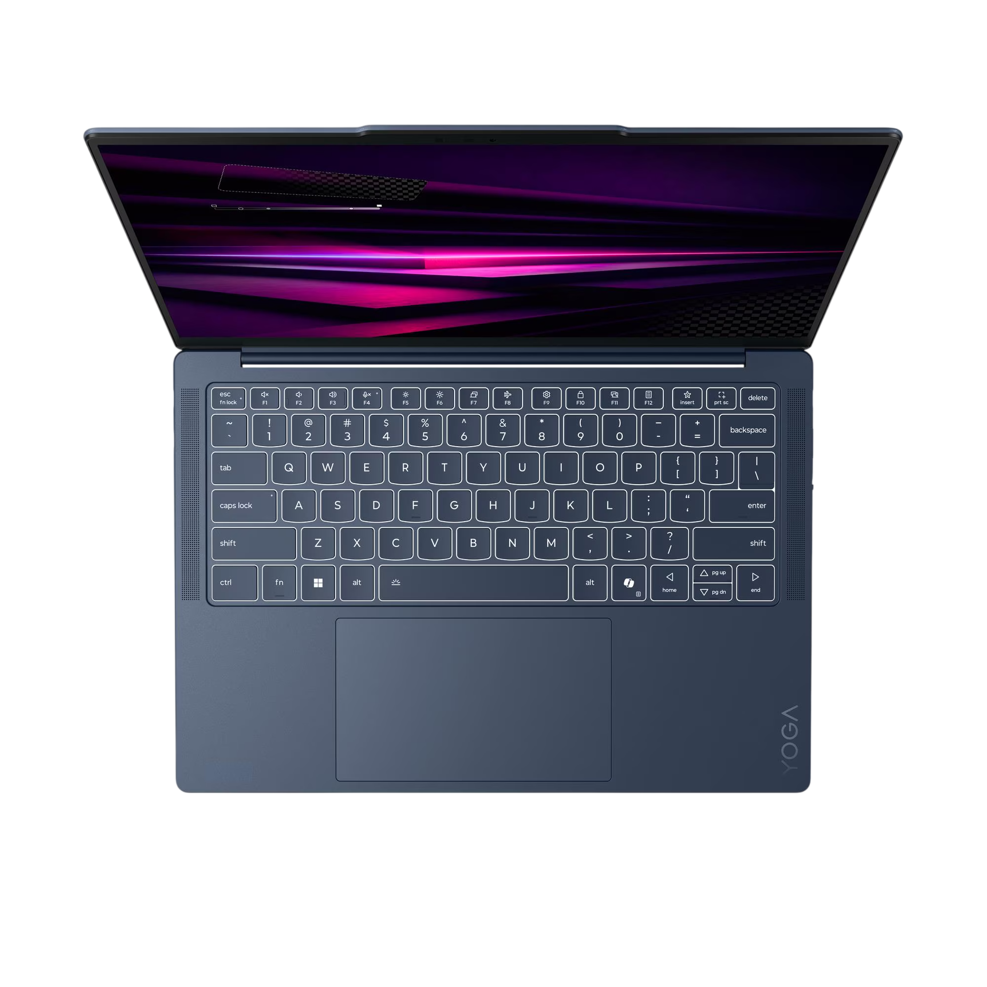Ein geöffneter, dunkelblauer Laptop mit einer lila und rosa Muster auf dem Bildschirm.