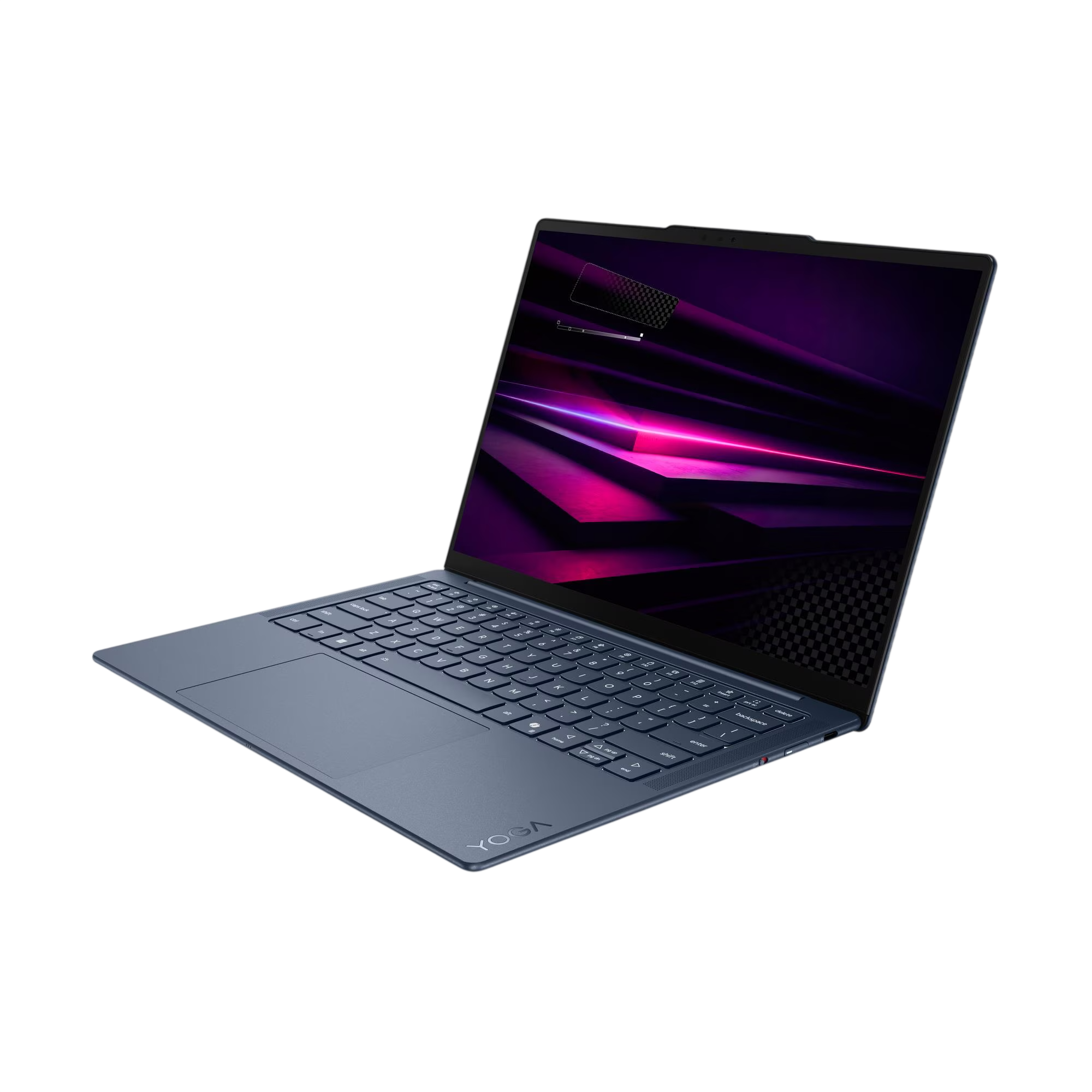 Ein blauer Laptop mit leuchtendem, abstraktem Hintergrund.
