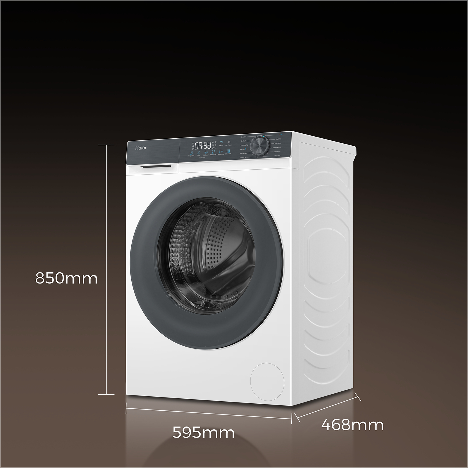 Eine weiße Haier Waschmaschine mit digitalem Display und großer runder Tür.