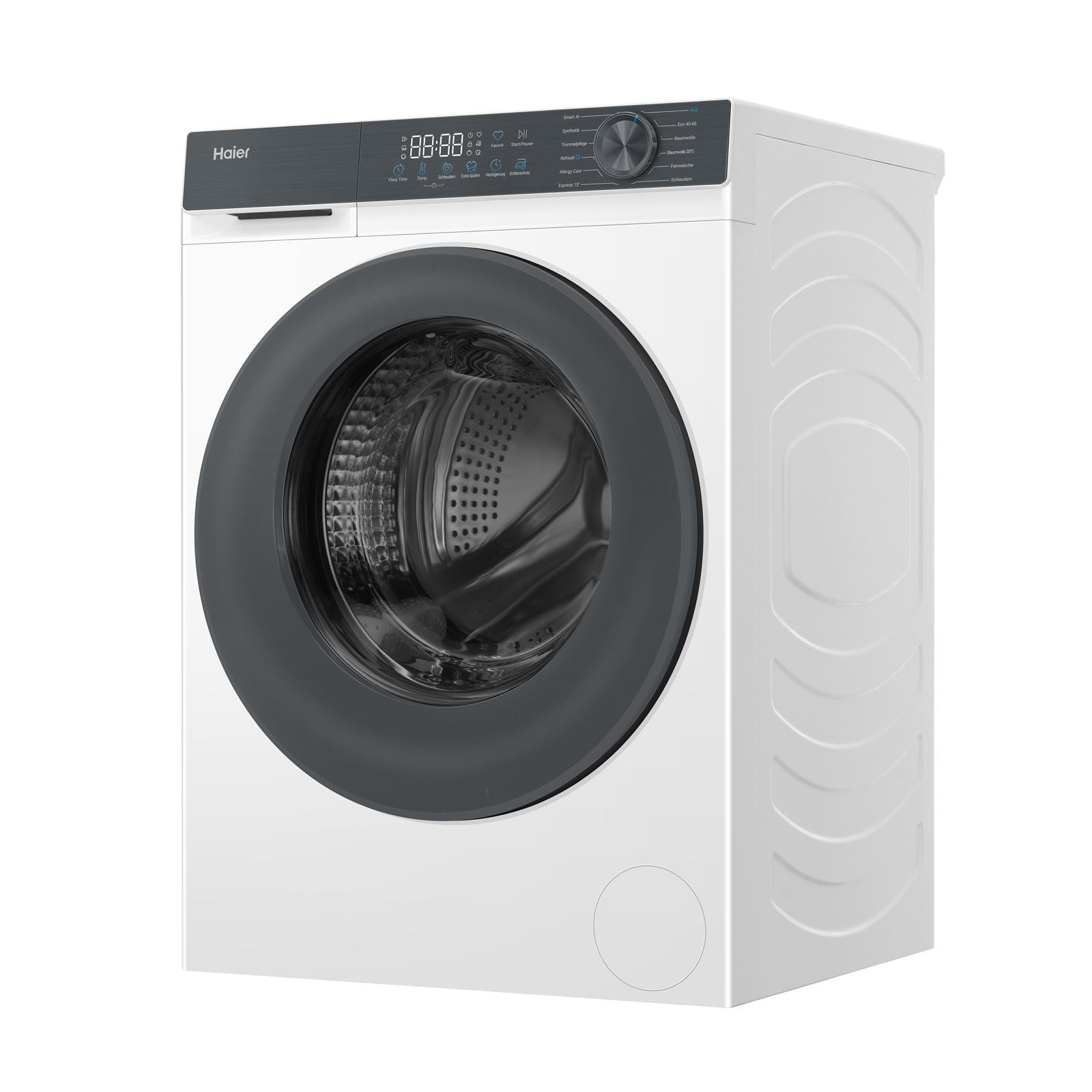 Eine weiße Haier-Waschmaschine mit schwarzem Bullauge und Bedienfeld.