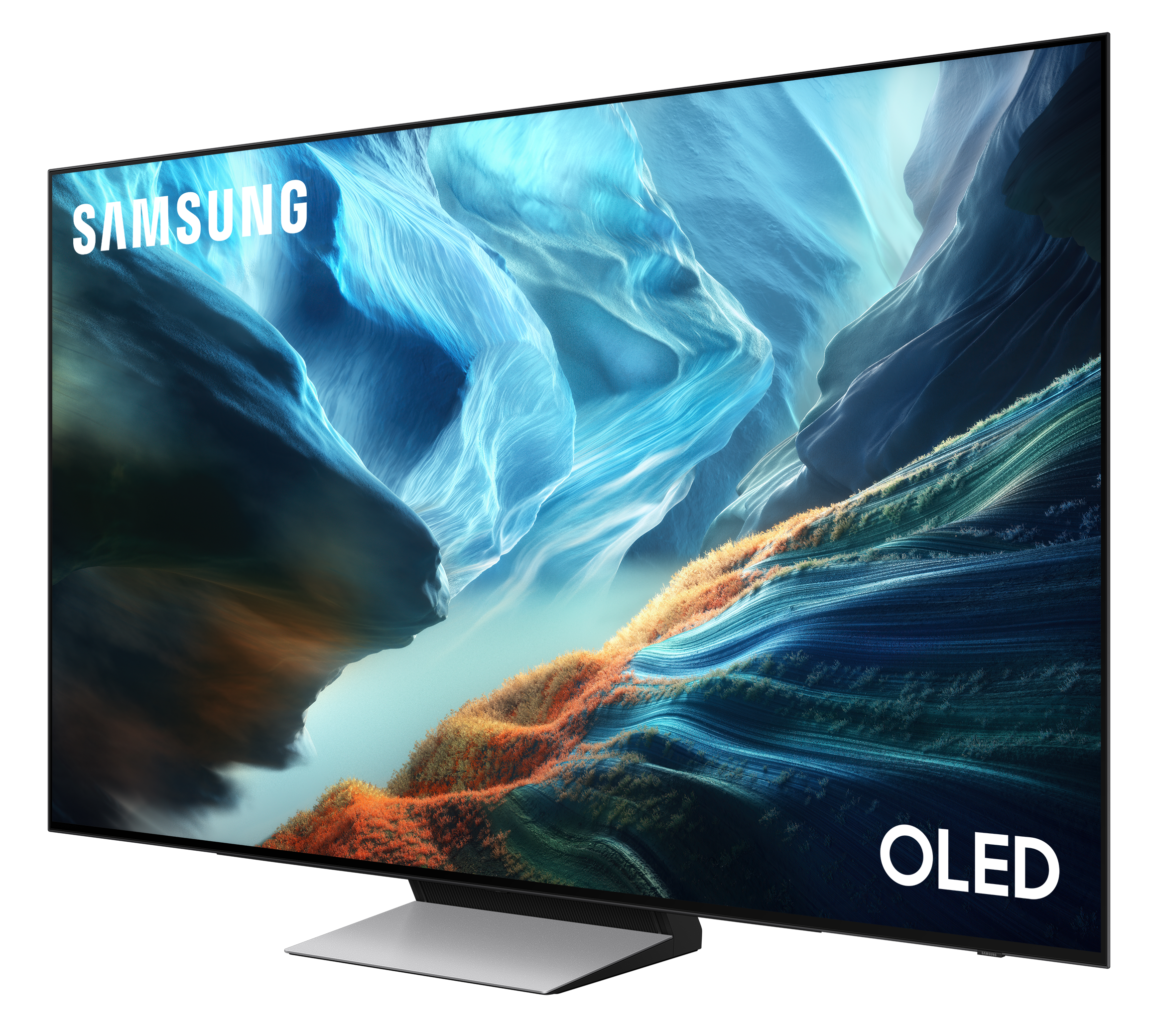 Telewizor Samsung OLED wyświetlający abstrakcyjne tło w kolorach niebieskim i pomarańczowym.