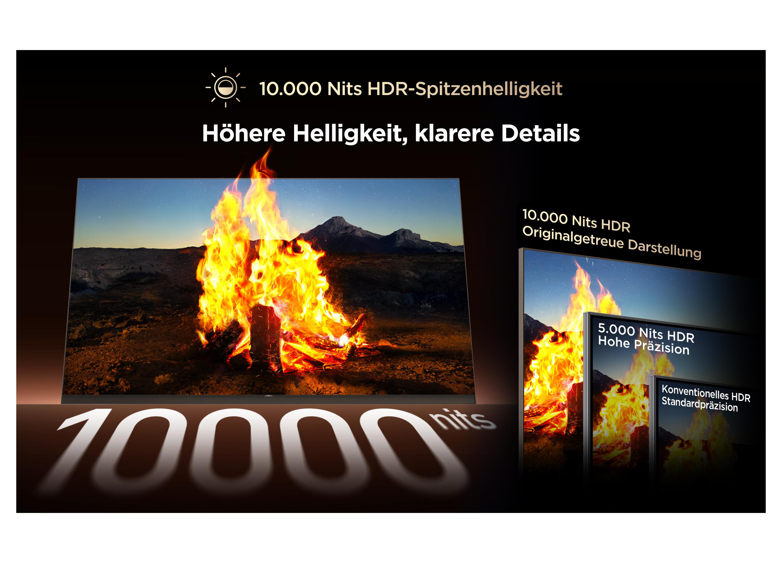 Ein Fernseher zeigt ein Feuer. 10.000 Nits HDR Spitzenhelligkeit.