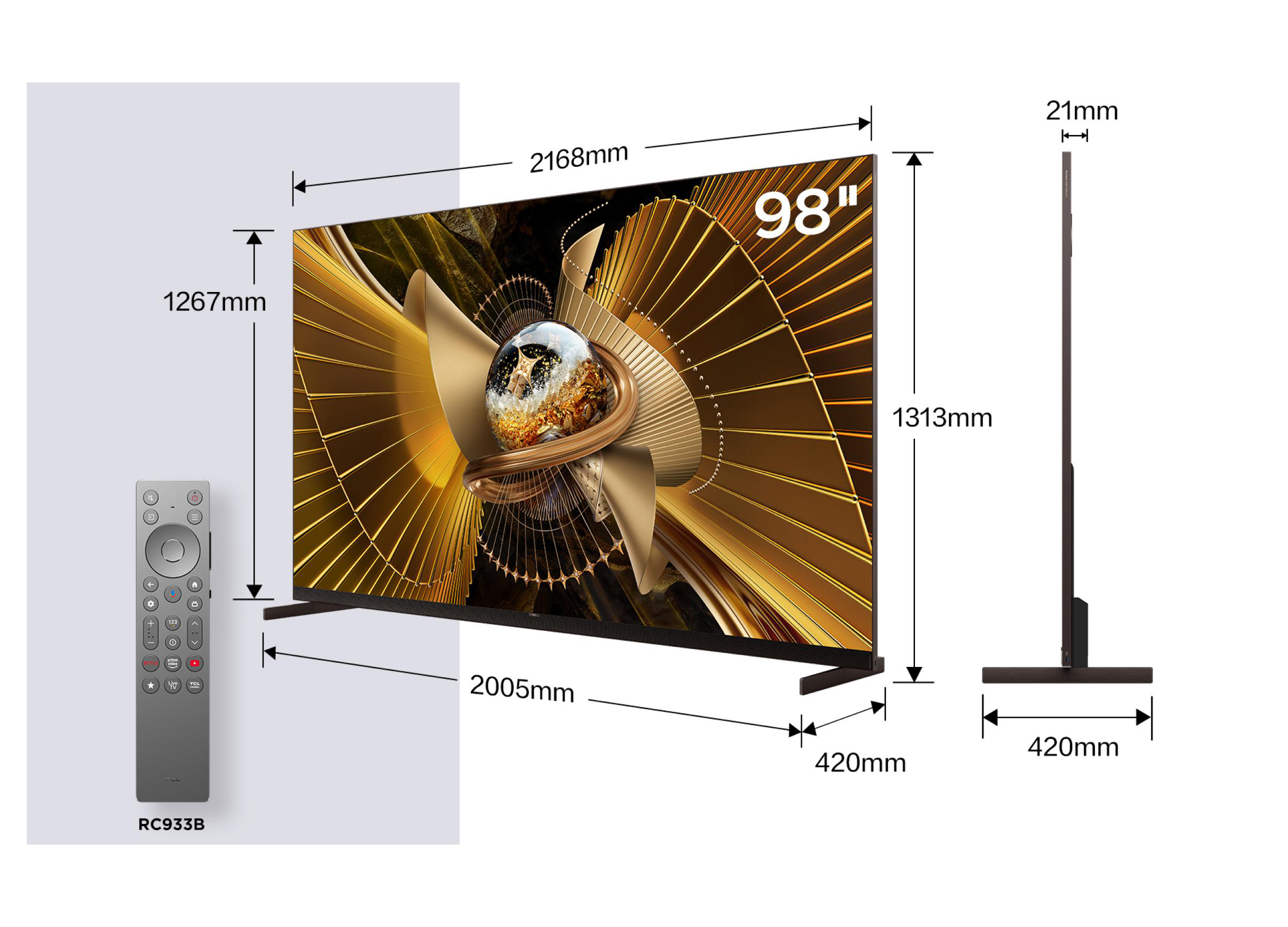 Ein 98-Zoll-Fernseher mit Fernbedienung und Maßen.