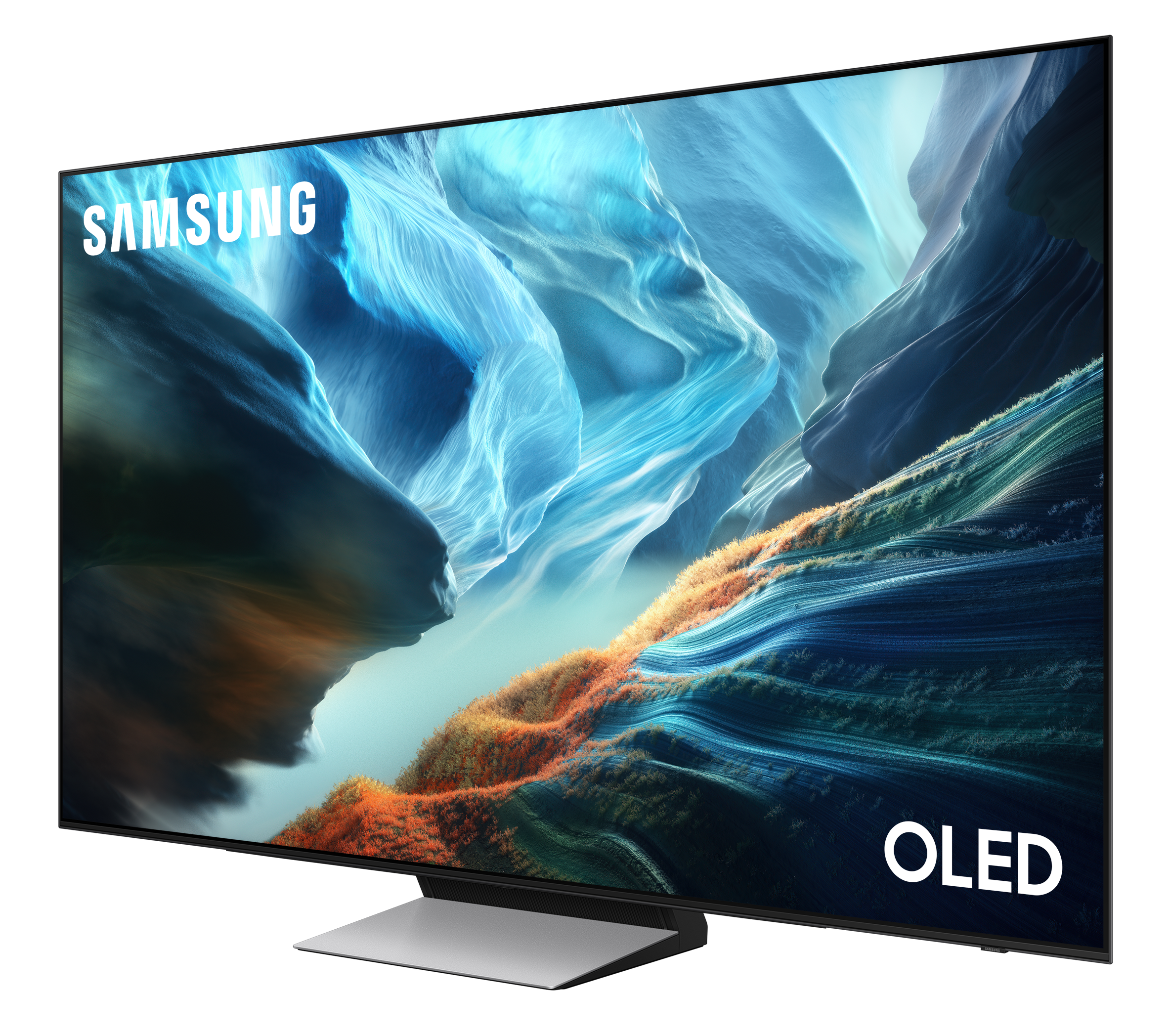 Telewizor Samsung OLED wyświetlający abstrakcyjny obraz w kolorach niebieskiego i pomarańczowego.