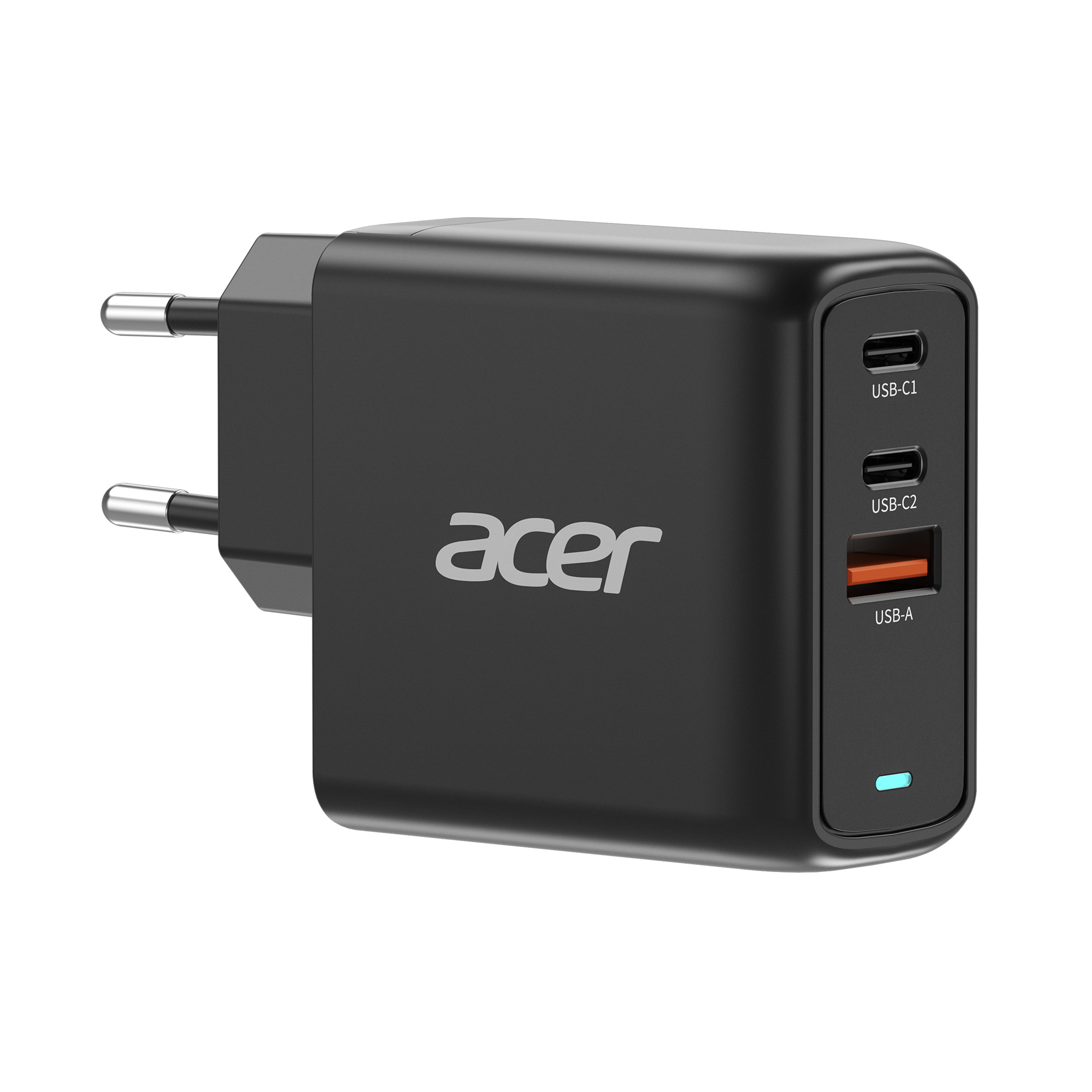 Schwarzer Acer-Ladegerät mit zwei USB-C und einem USB-A-Anschluss.