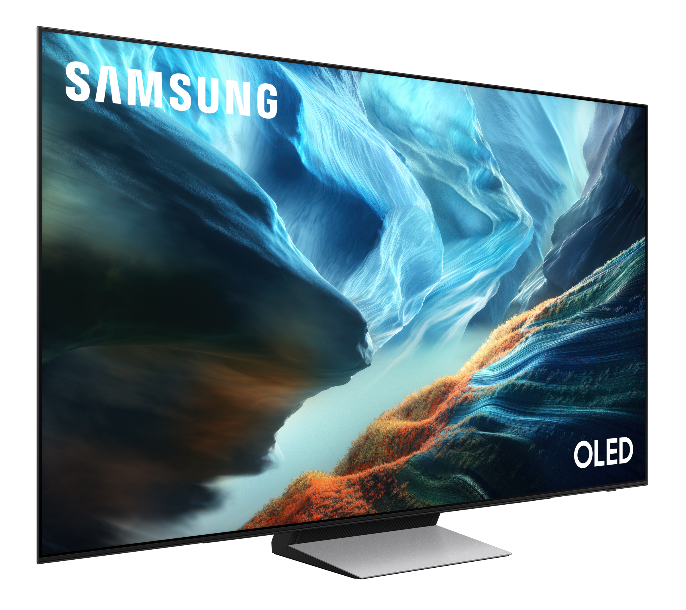 Telewizor Samsung OLED wyświetlający abstrakcyjny obraz w odcieniach niebieskiego i pomarańczowego.