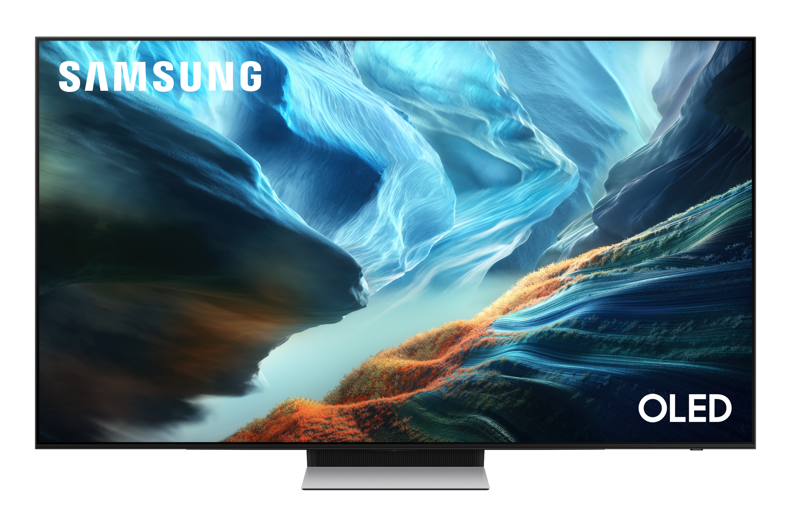 Telewizor Samsung OLED z abstrakcyjnym obrazem niebieskich i pomarańczowych formacji skalnych.