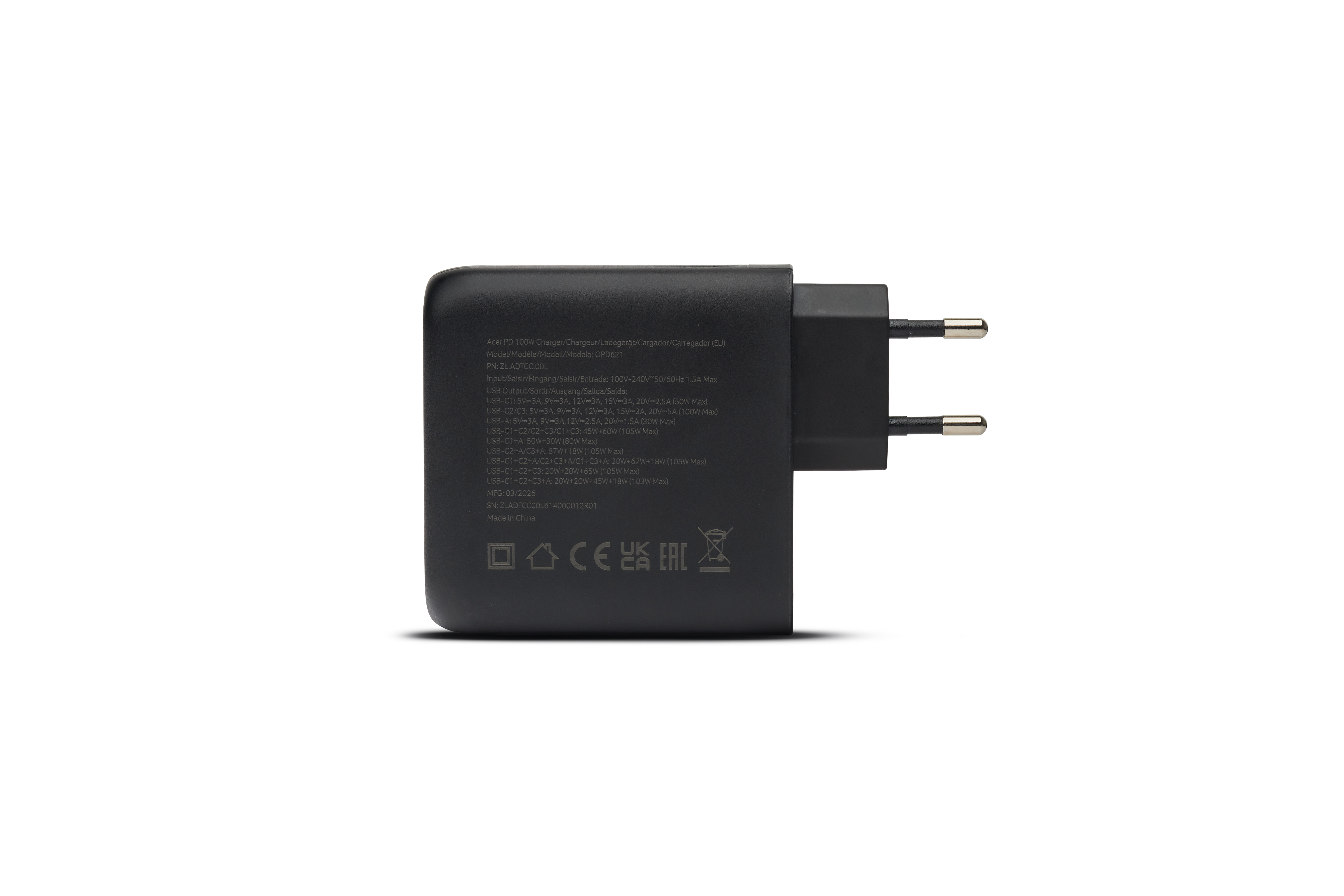 Schwarzes Acer 100W PD Ladegerät mit EU-Stecker und detaillierten Spezifikationen.