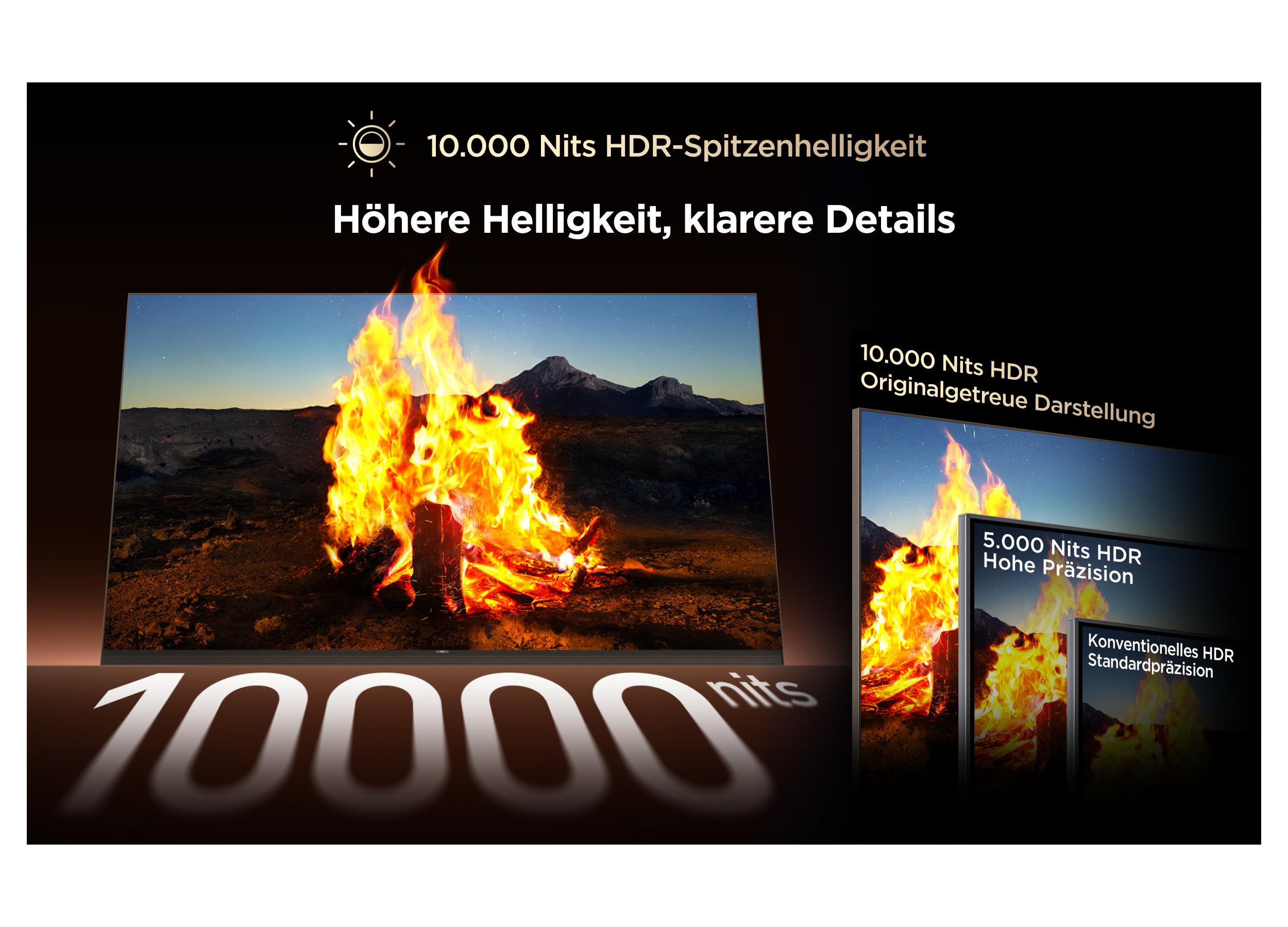 Ein Lagerfeuer im Freien wird auf einem Fernseher mit 10.000 Nits HDR dargestellt.