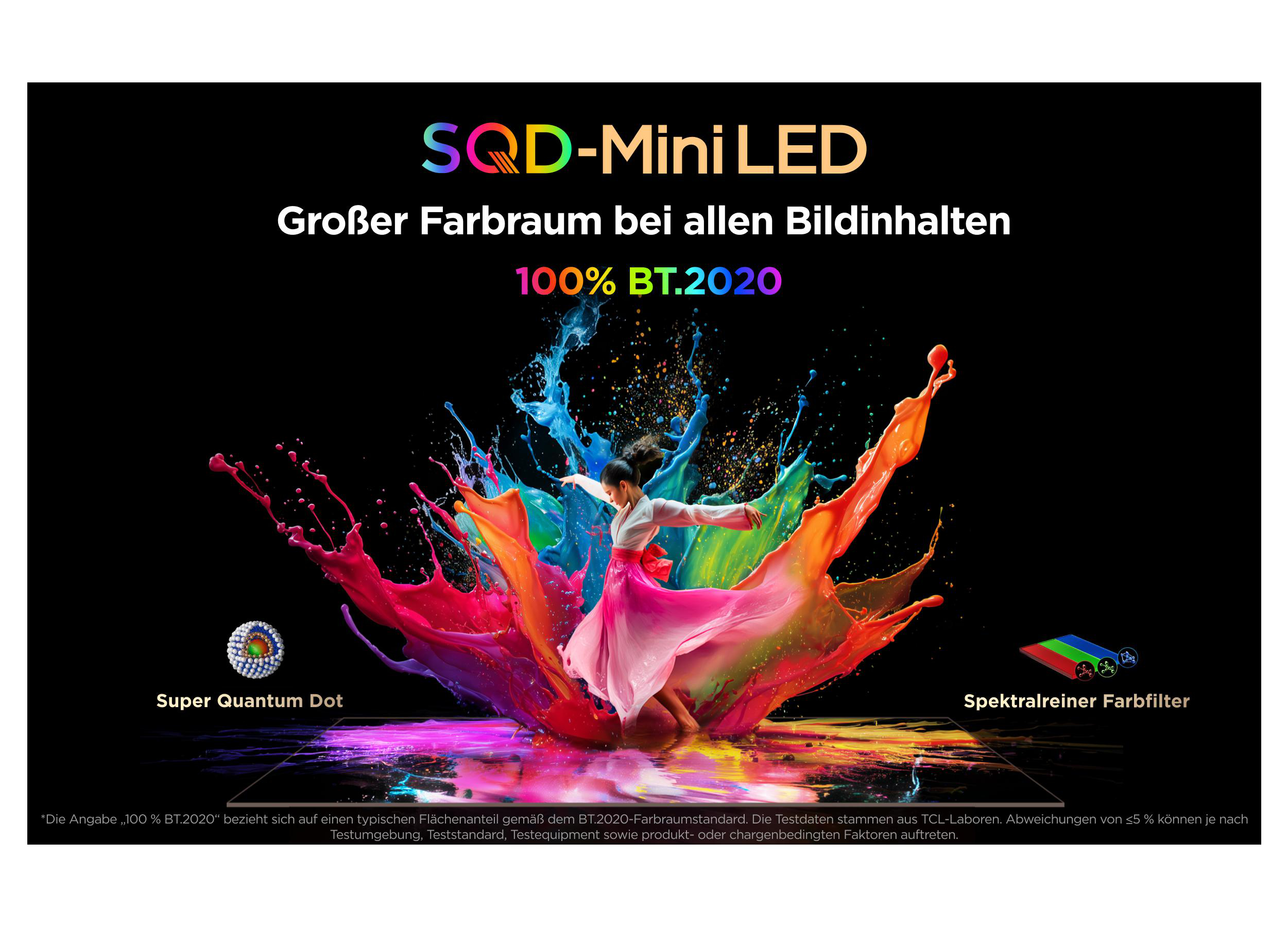 Eine Frau tanzt in farbigen Spritzern. SQD-Mini LED, 100% BT.2020.