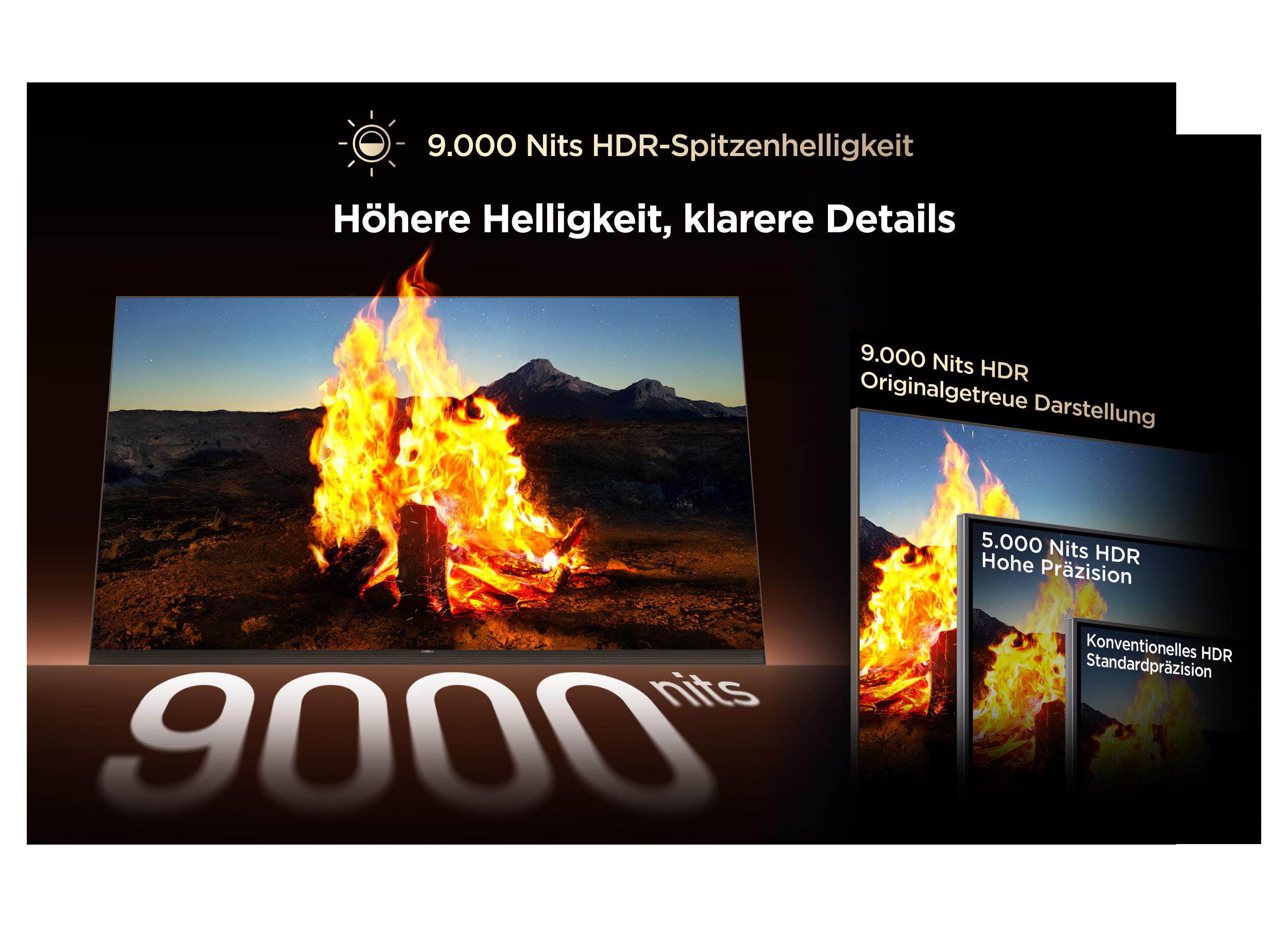Ein großes Feuer brennt in der Nacht vor einem Berg. "9000 Nits" wird hervorgehoben.