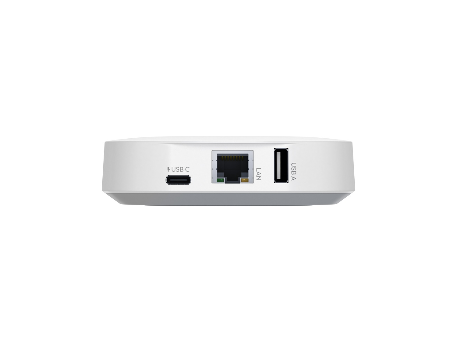 Rundes weißes Gerät mit USB-C, LAN und USB-A Anschlüssen an der Seite.