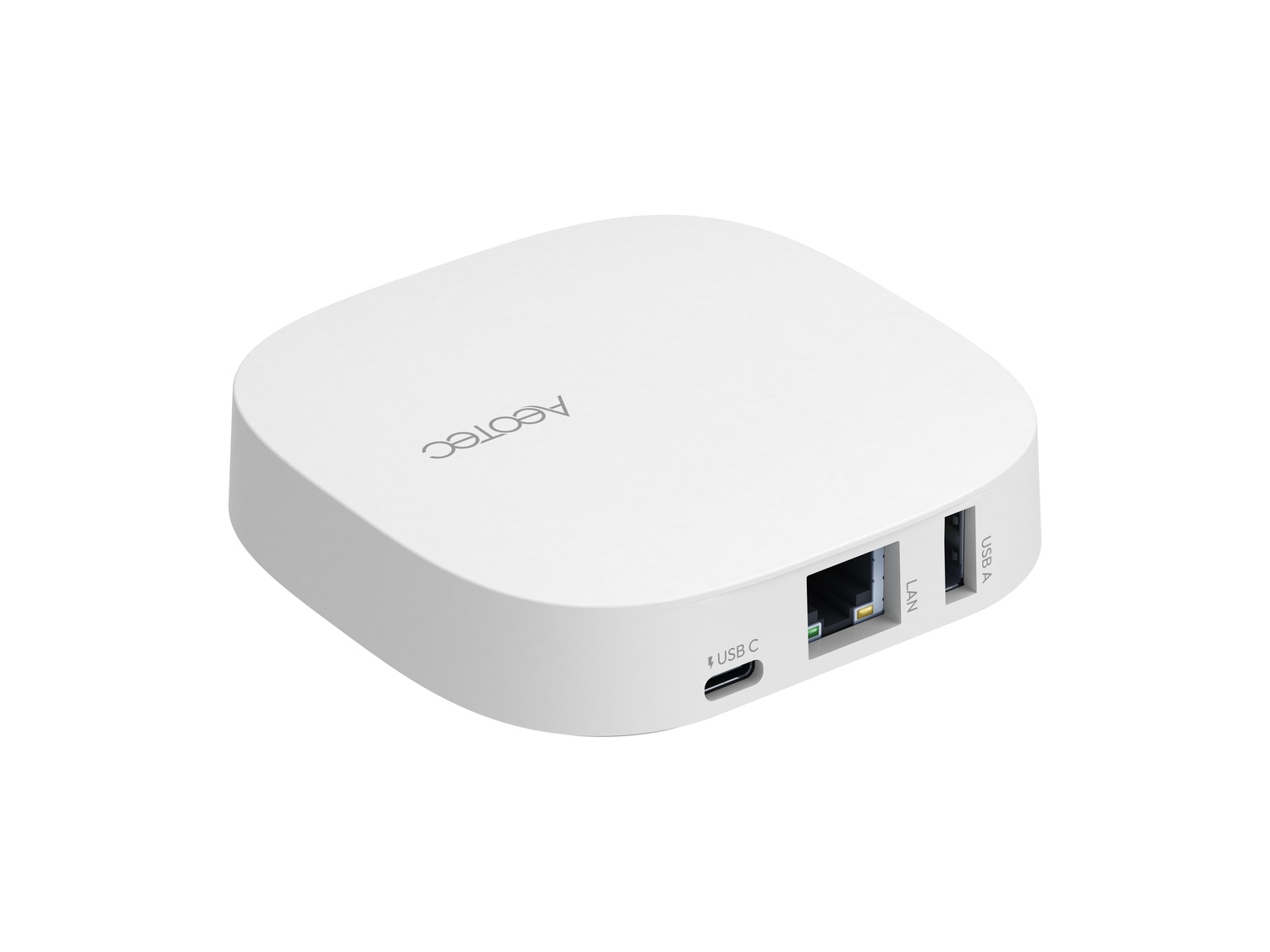 Ein weißes, quadratisches Gerät mit einem USB-C-, LAN- und USB-A-Anschluss.
