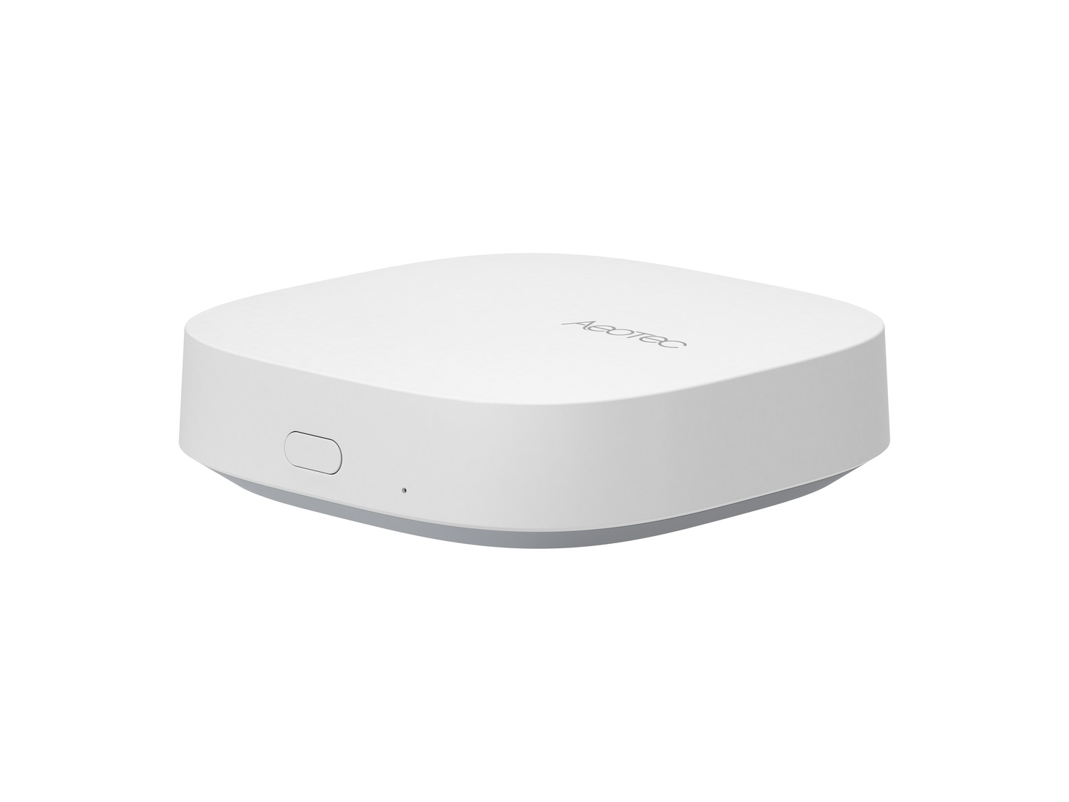 Ein weißes, rundes Smart-Home-Gerät mit dem Logo 'AEOTEC' auf weißem Hintergrund.