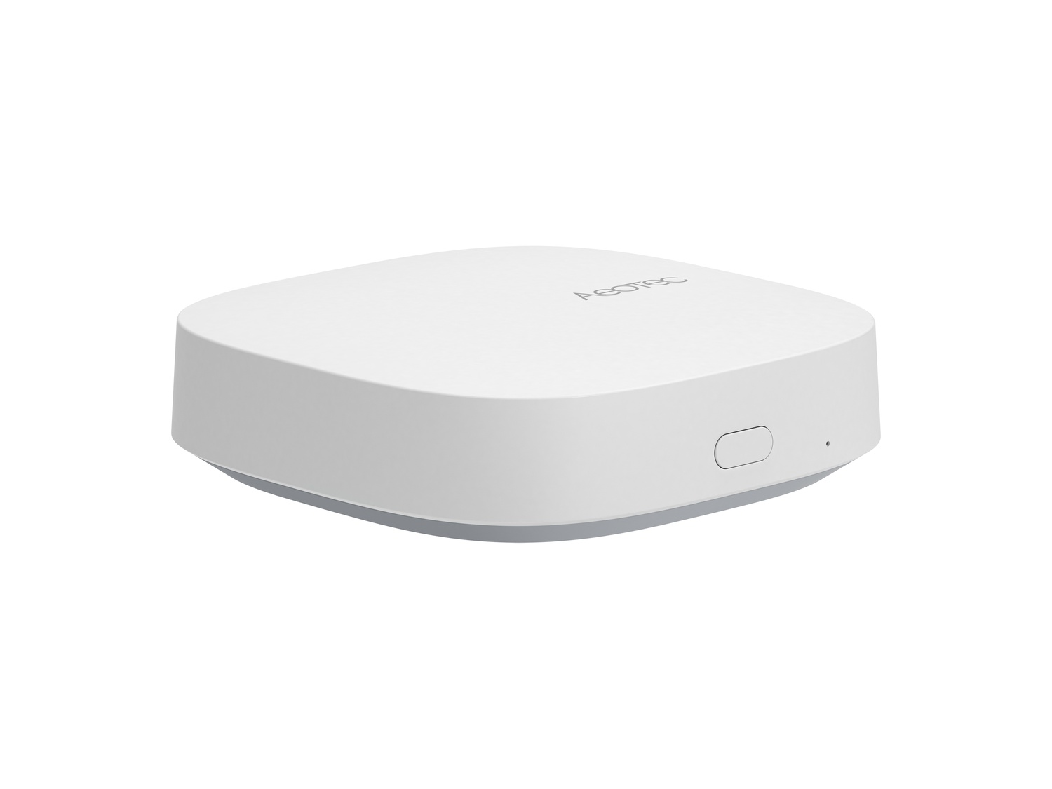 Ein weißes, rechteckiges Smart-Home-Gerät mit abgerundeten Ecken auf weißem Hintergrund.