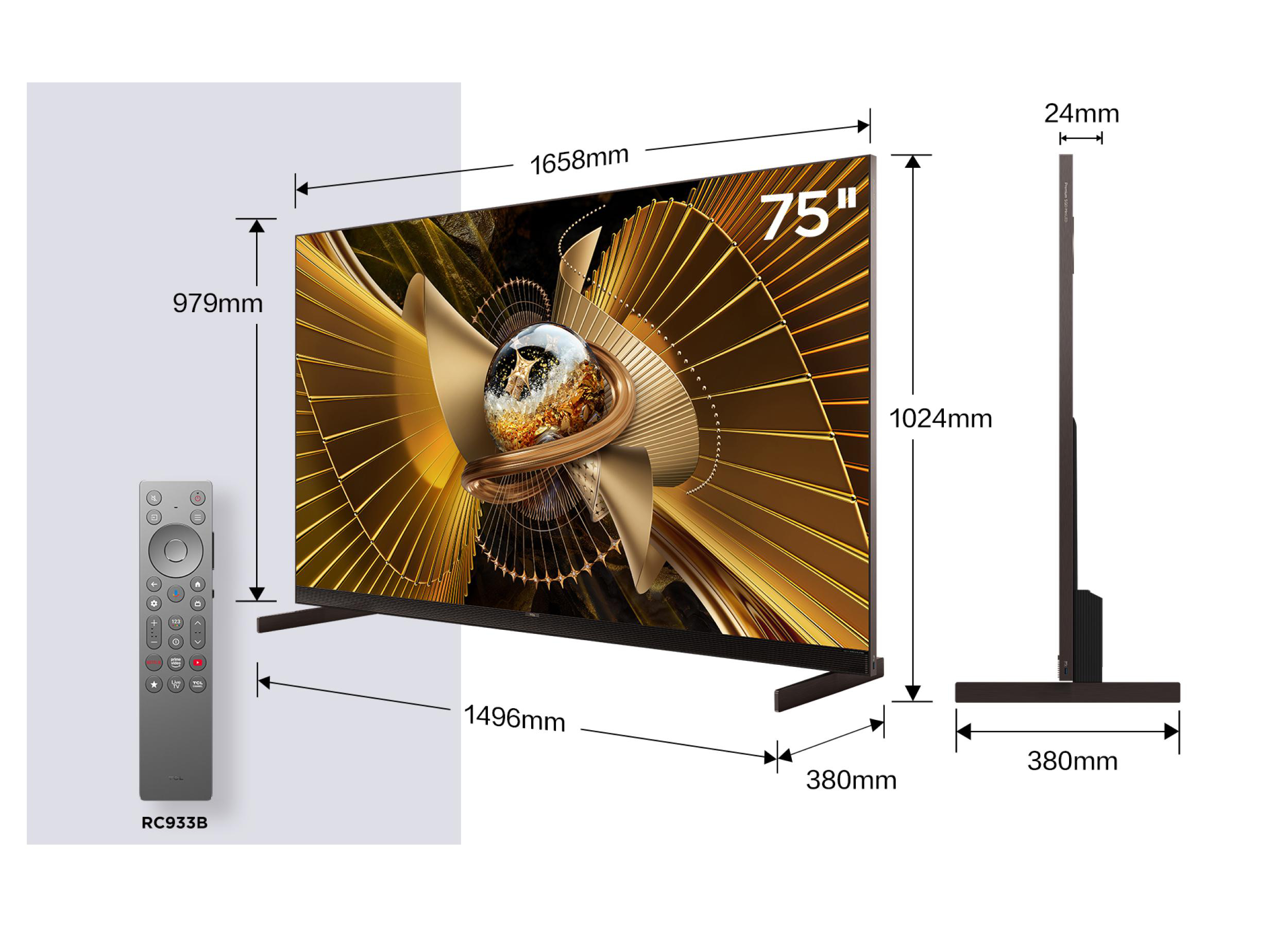 75-Zoll-Fernseher mit Fernbedienung und Maßen.