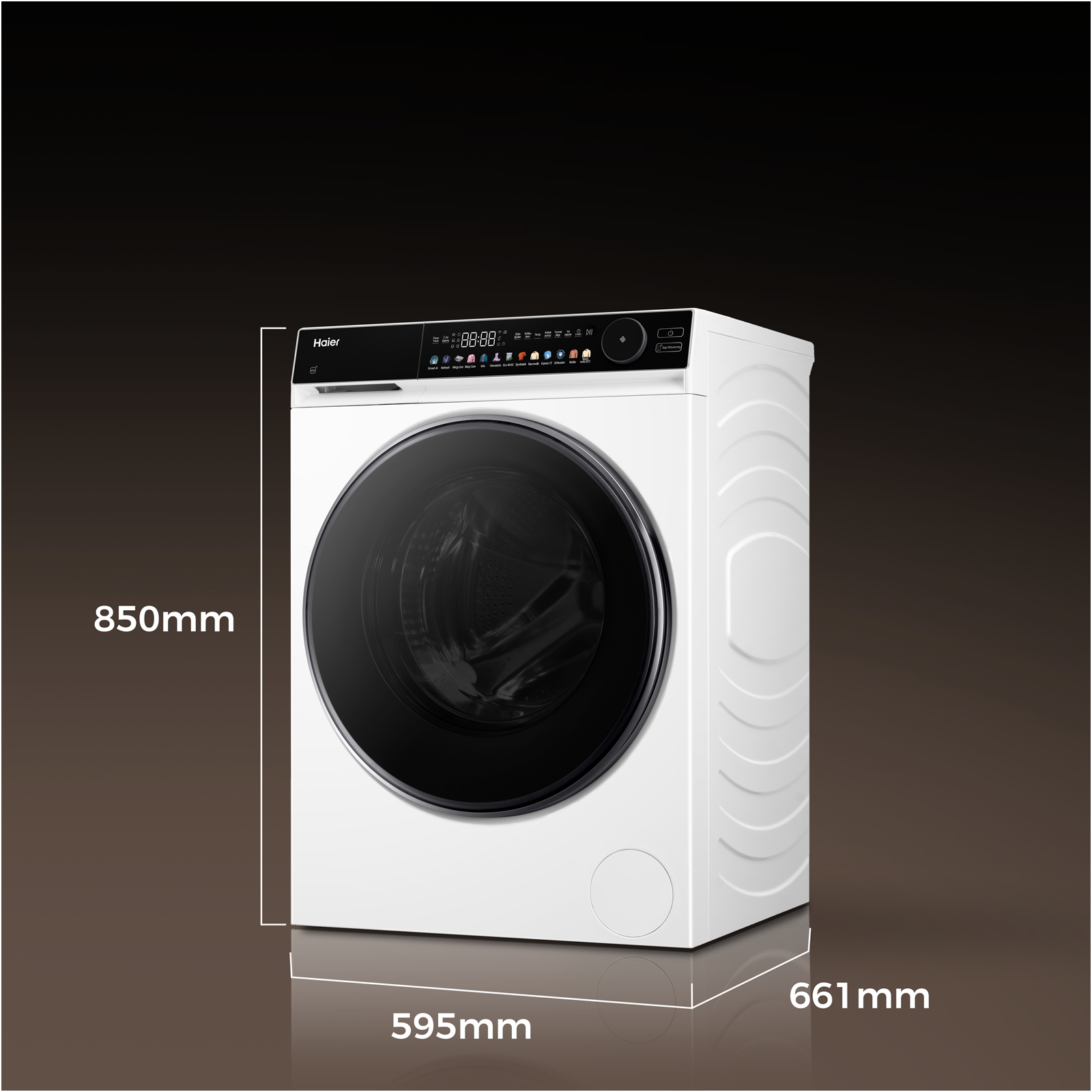 Weiße Haier Waschmaschine mit schwarzer Tür und digitalem Display. Maße: 850x595x661mm.