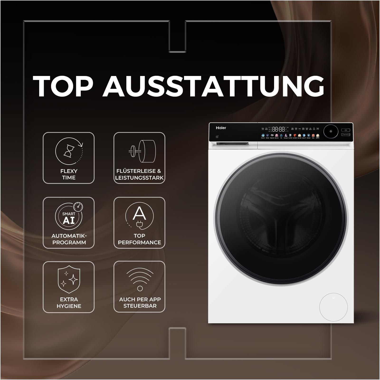 Haier Waschmaschine mit Icons für Flexy Time, leise, AI, A-Bewertung, Hygiene.