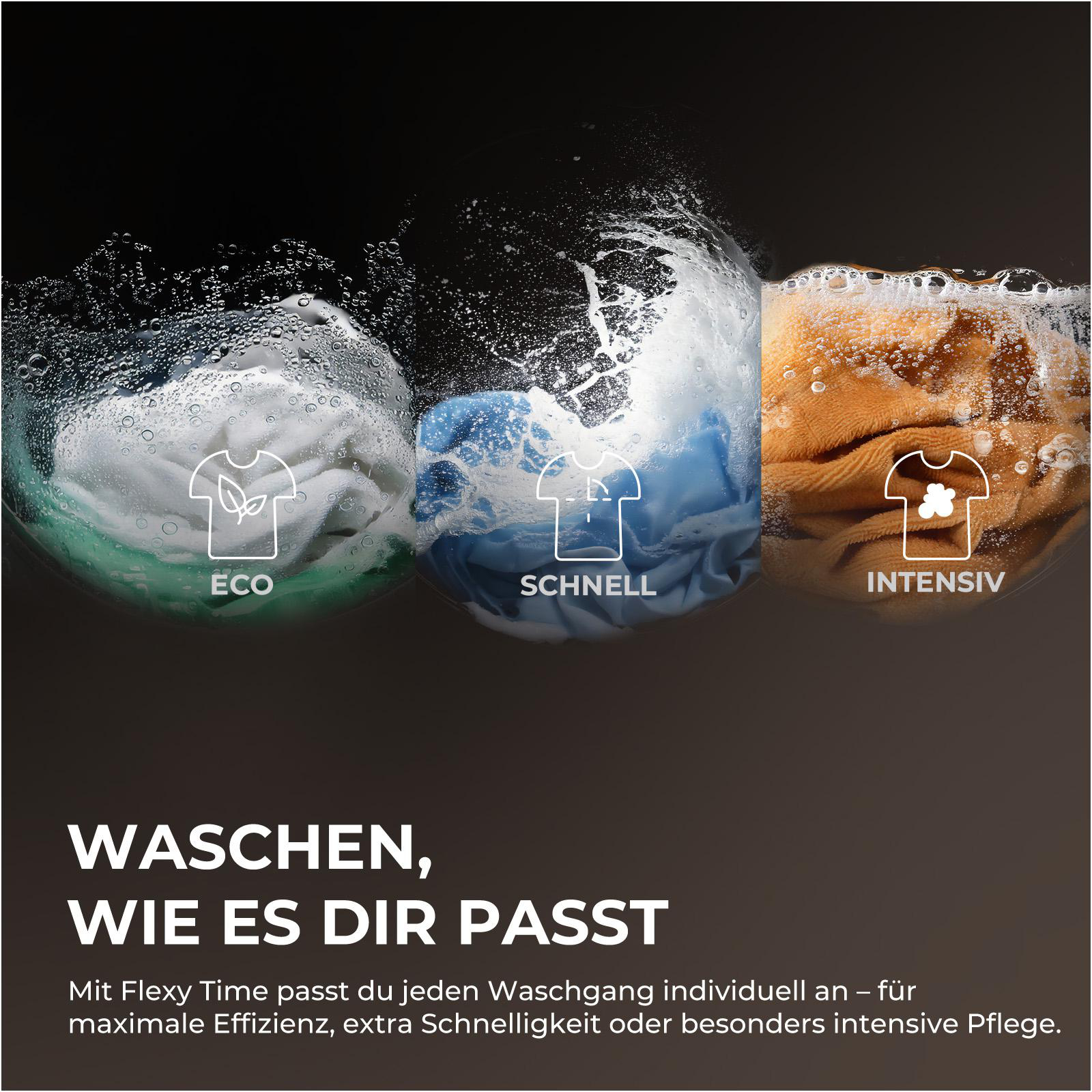 Drei Waschgänge: weiß (Eco), blau (Schnell), orange (Intensiv) mit Wasser.