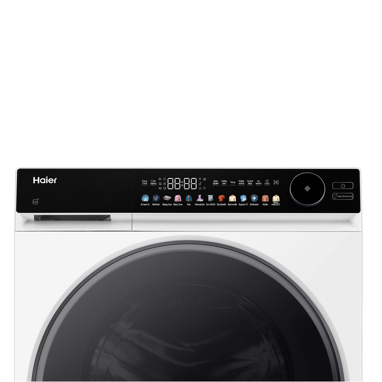 Haier Waschmaschine mit digitaler Anzeige und Programmtasten.