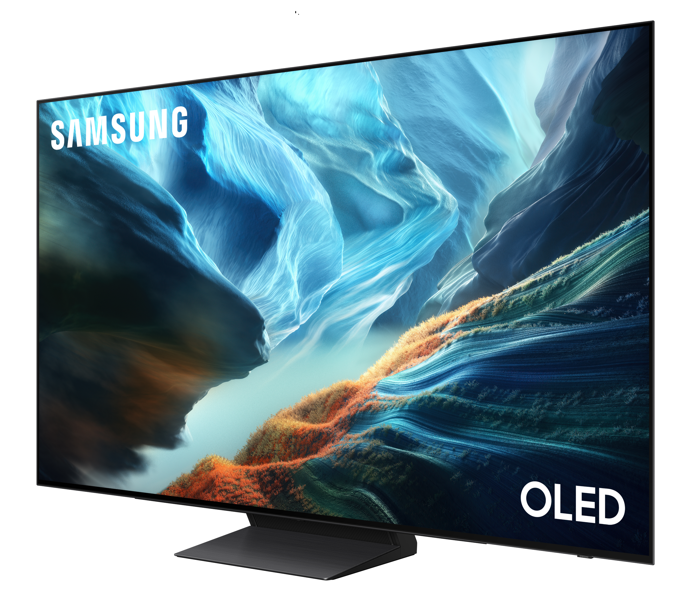 Telewizor Samsung OLED z żywعادةłową tapetą abstrakcyjną w odcieniach niebieskiego i pomarańczowego.