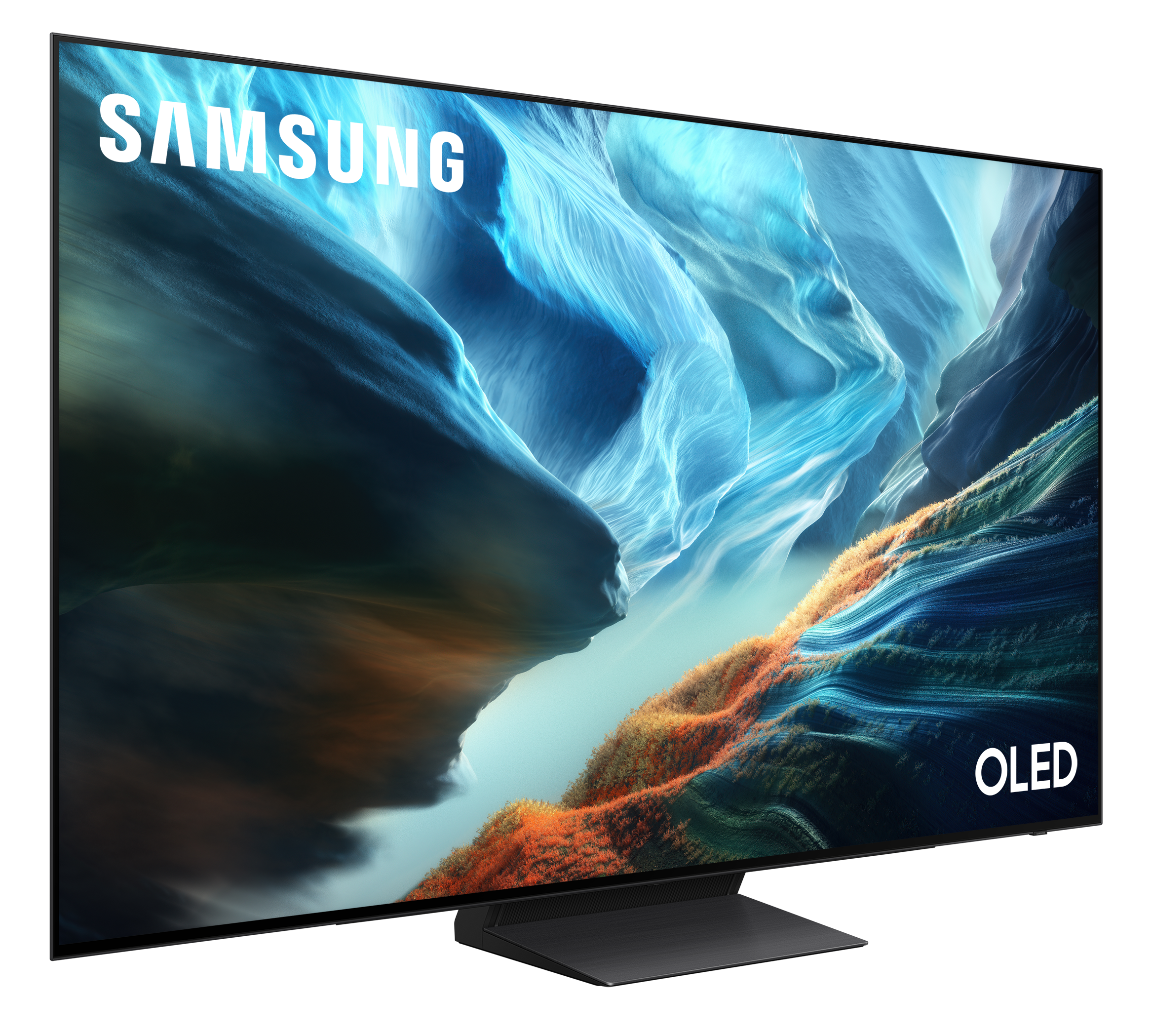 Telewizor Samsung OLED wyświetlający abstrakcyjne tło w odcieniach niebieskiego i pomarańczowego.