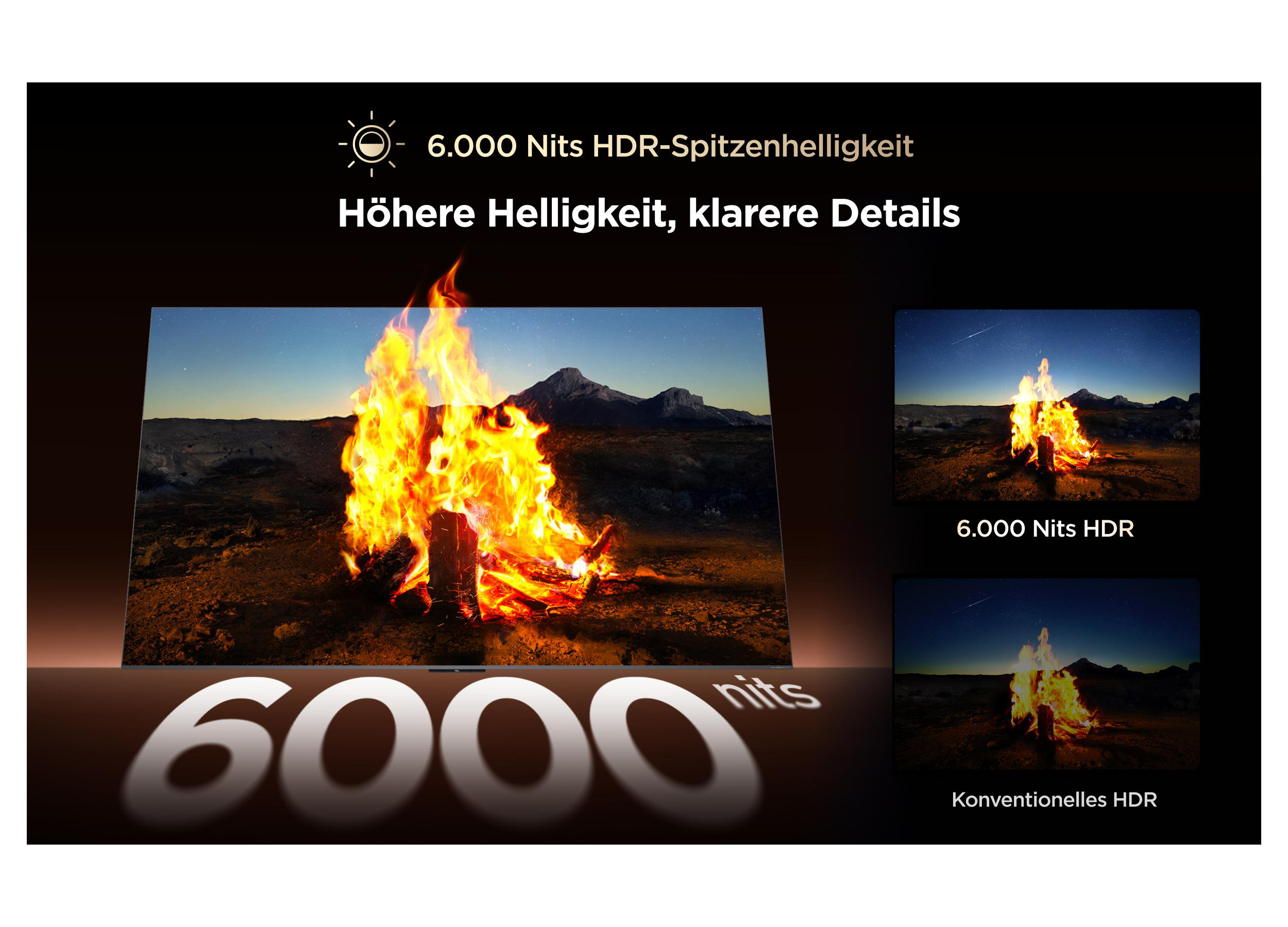 Ein Lagerfeuer brennt hell im Freien, mit Bergen im Hintergrund. 6000 Nits HDR.