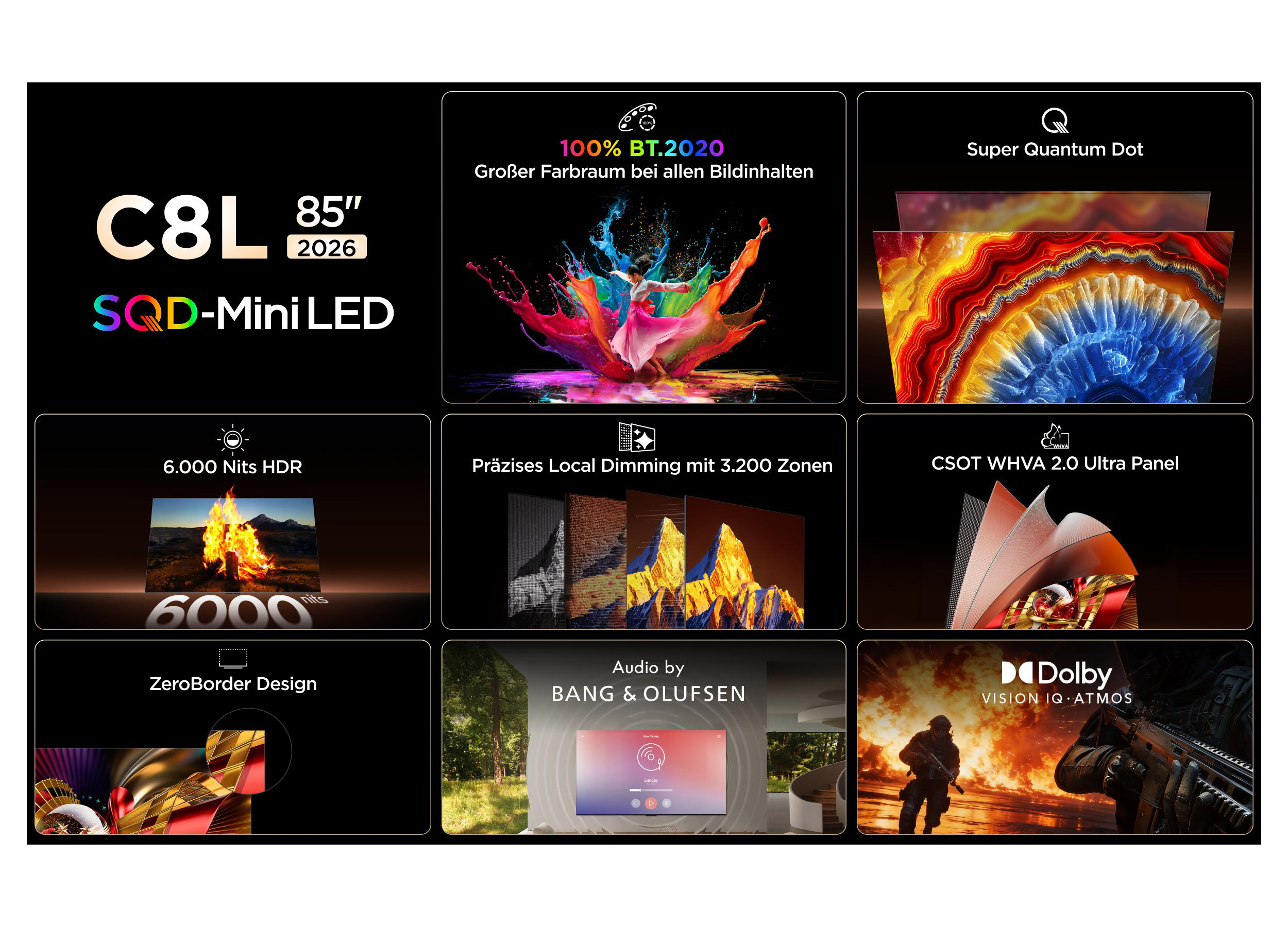 Produktübersicht: C8L 85" SQD-Mini LED mit Quantum Dot, HDR, Local Dimming.
