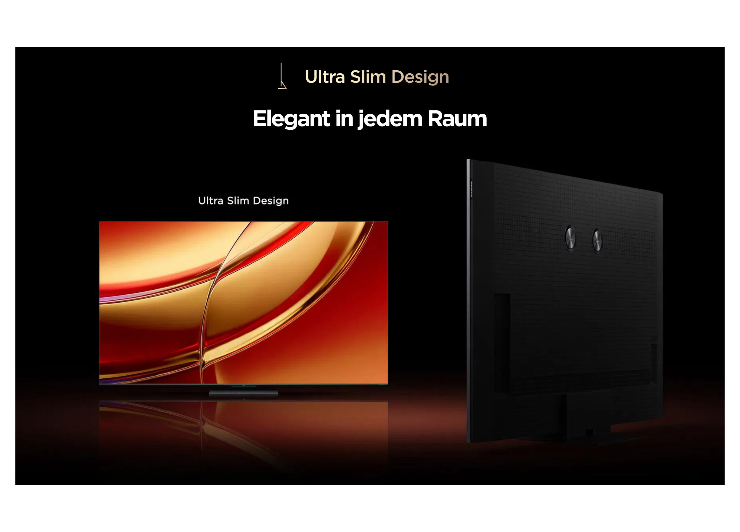 Ein schlankes Fernsehgerät mit rotem und goldenem Hintergrund wird von vorne und von hinten gezeigt.