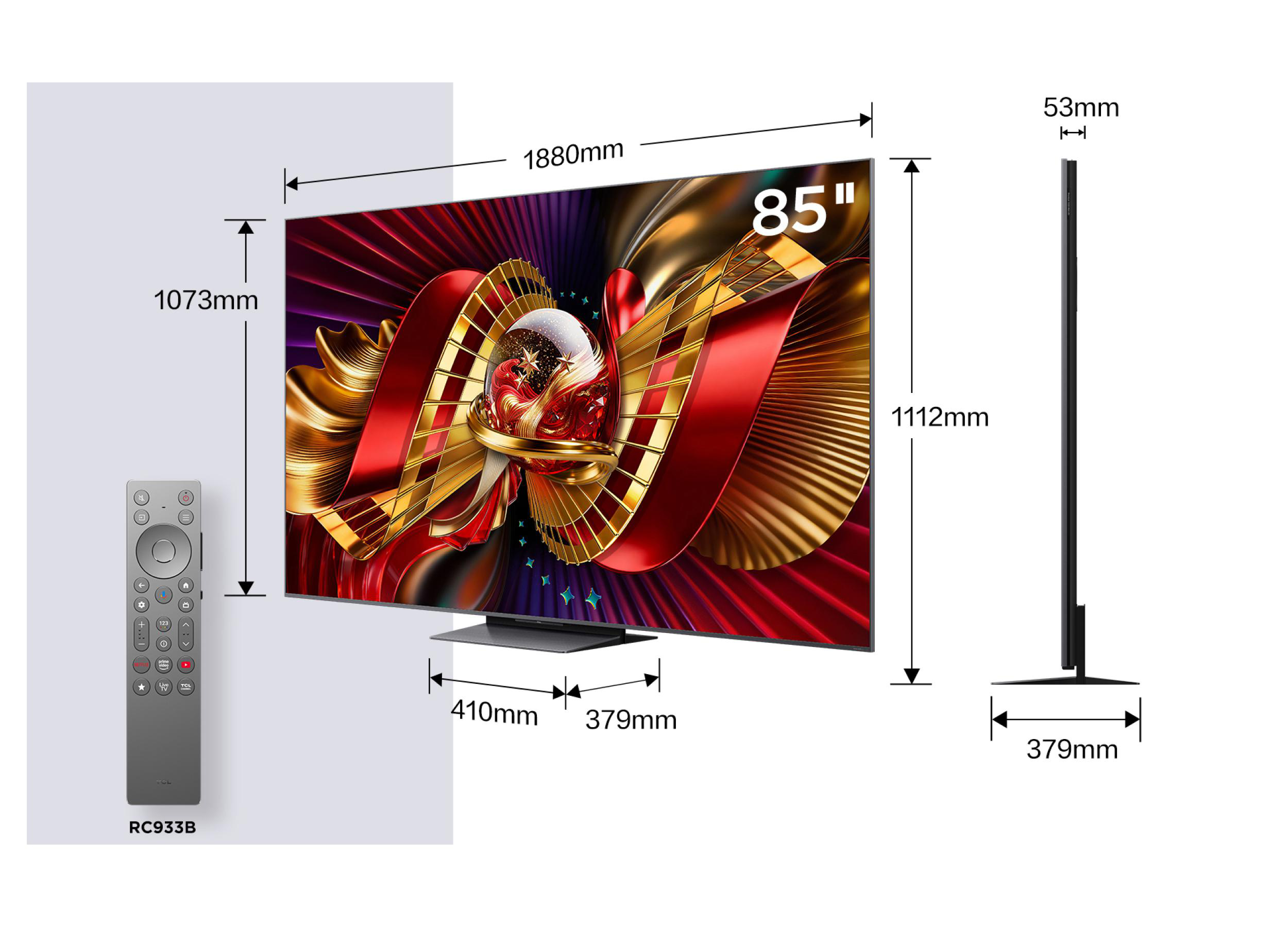 85-Zoll-Fernseher mit Fernbedienung und Maßen: 1880x1112x53mm.