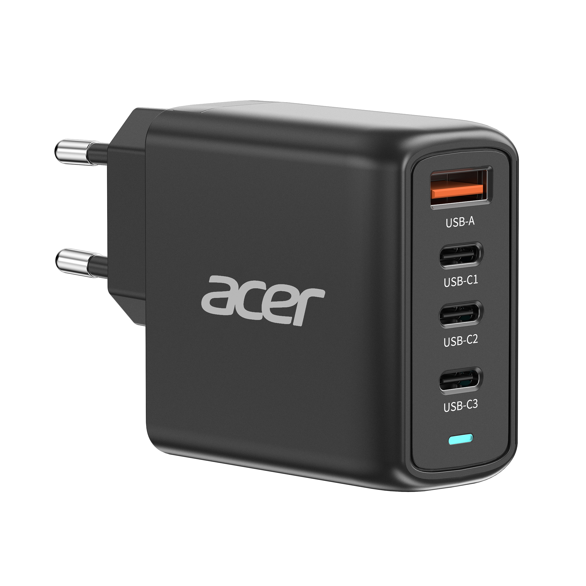 Schwarzer Acer Netzstecker mit 4 USB-Anschlüssen und Kontrollleuchte.