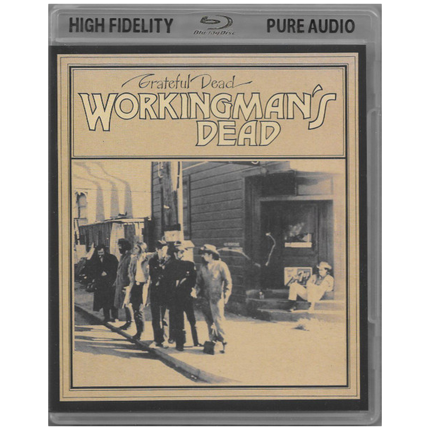 Pochette de Workingman's Dead des Grateful Dead: Des hommes dans la rue devant un bâtiment.