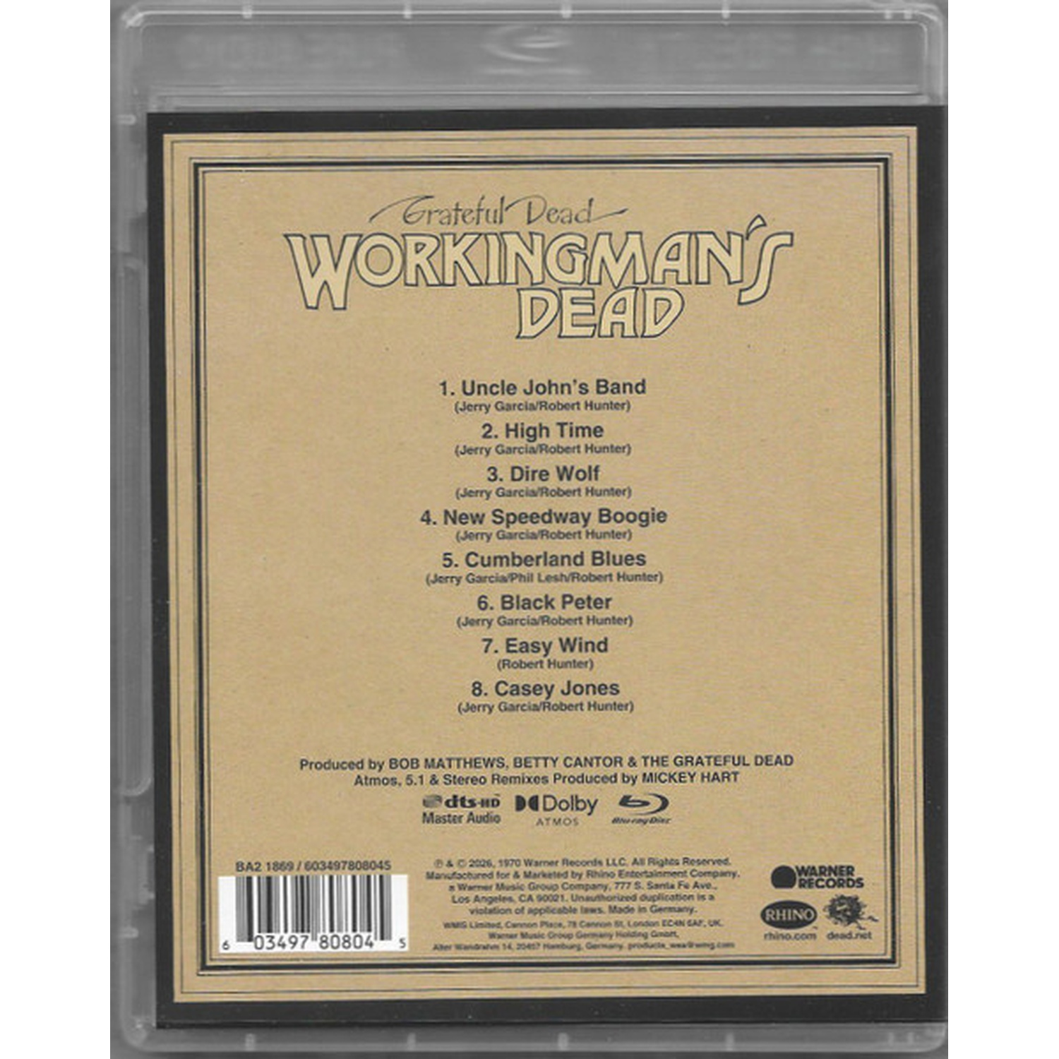Dos de l'album Workingman's Dead des Grateful Dead, listant les titres et les crédits.