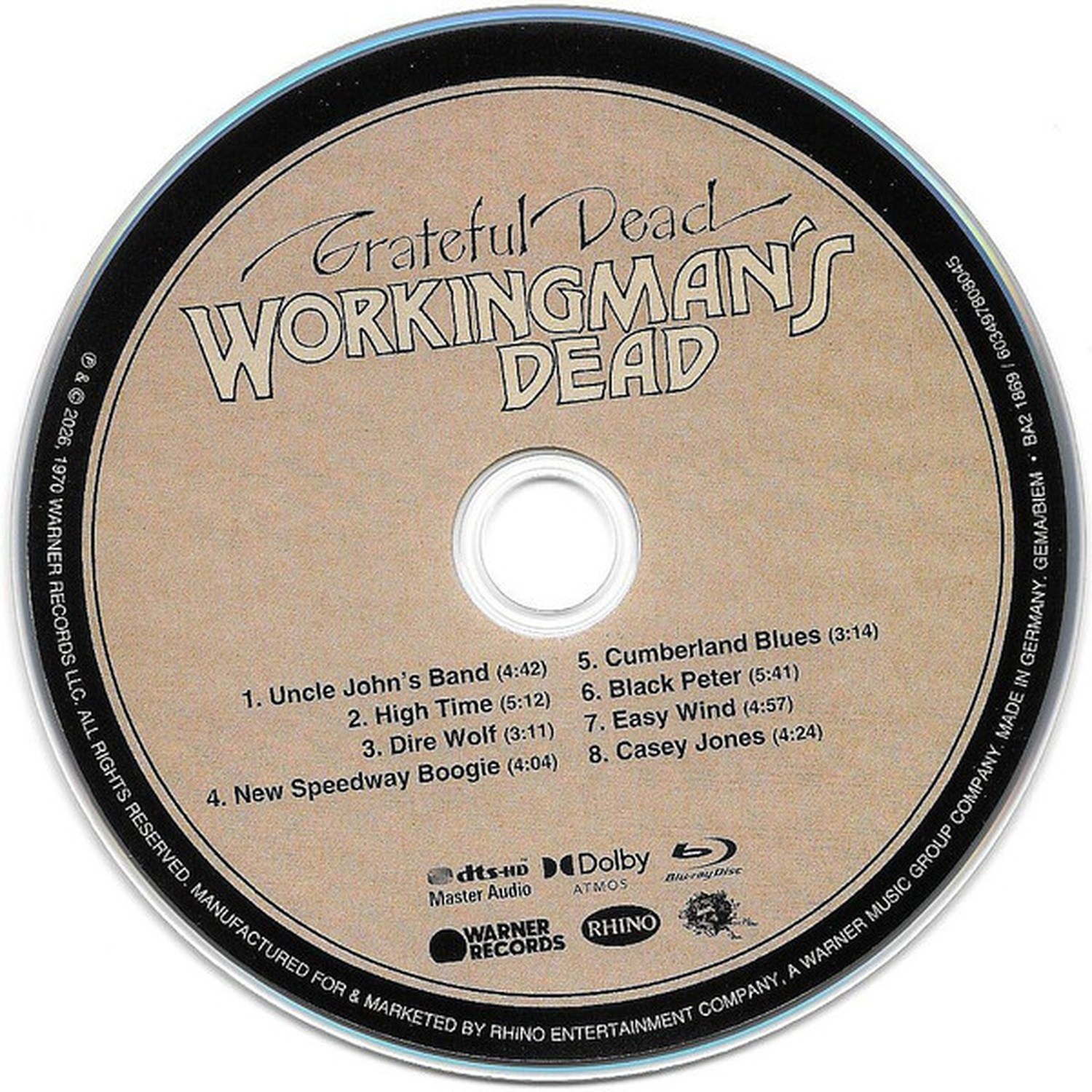 Label CD de Workingman's Dead des Grateful Dead, liste 8 titres.