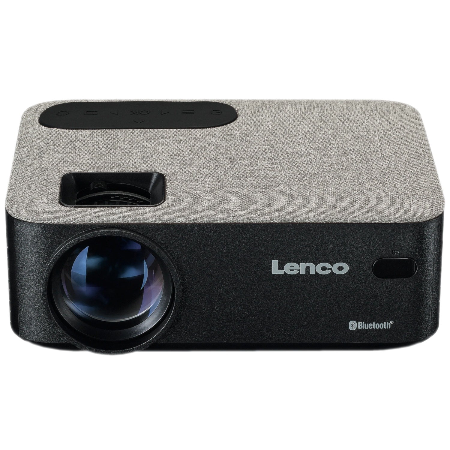Un projecteur Lenco avec lentille, boutons et logo Bluetooth sur corps noir.
