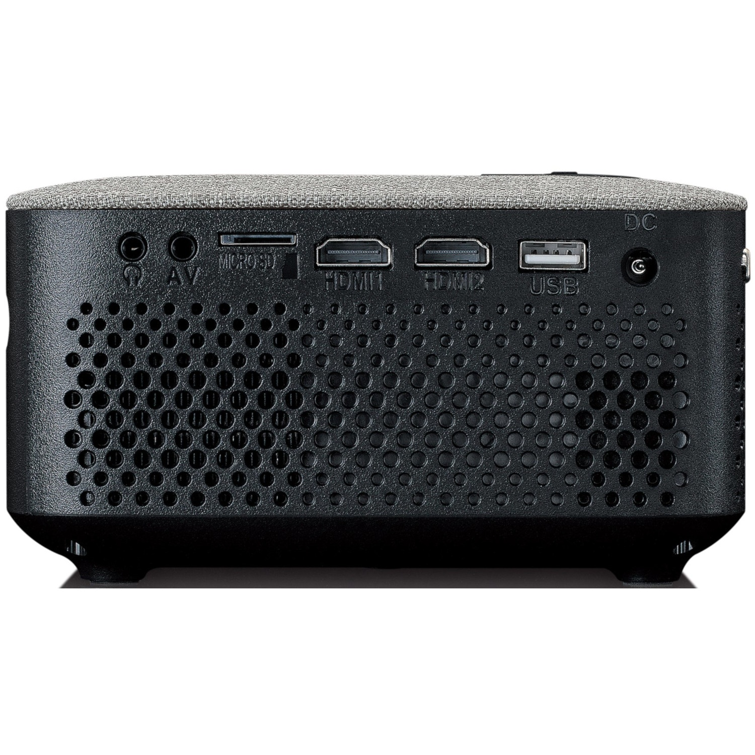 Arrière d'un projecteur montrant les ports : AV, MicroSD, HDMI1, HDMI2, USB, DC.