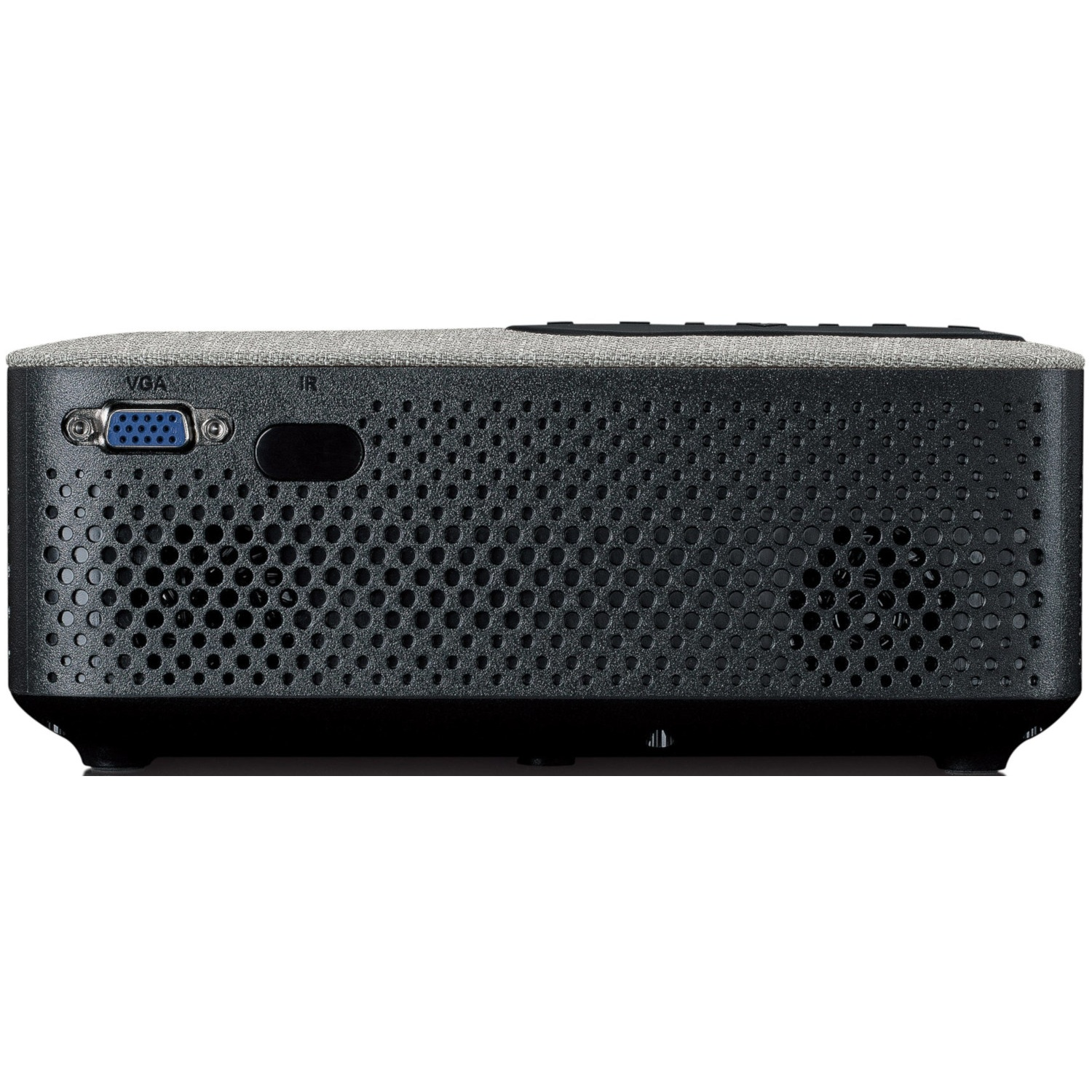 Projecteur compact avec port VGA et récepteur IR, grille noire.