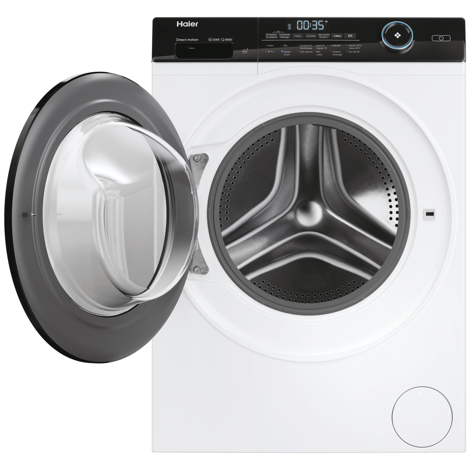 Een witte Haier wasmachine met open deur, het zilveren trommel is zichtbaar.