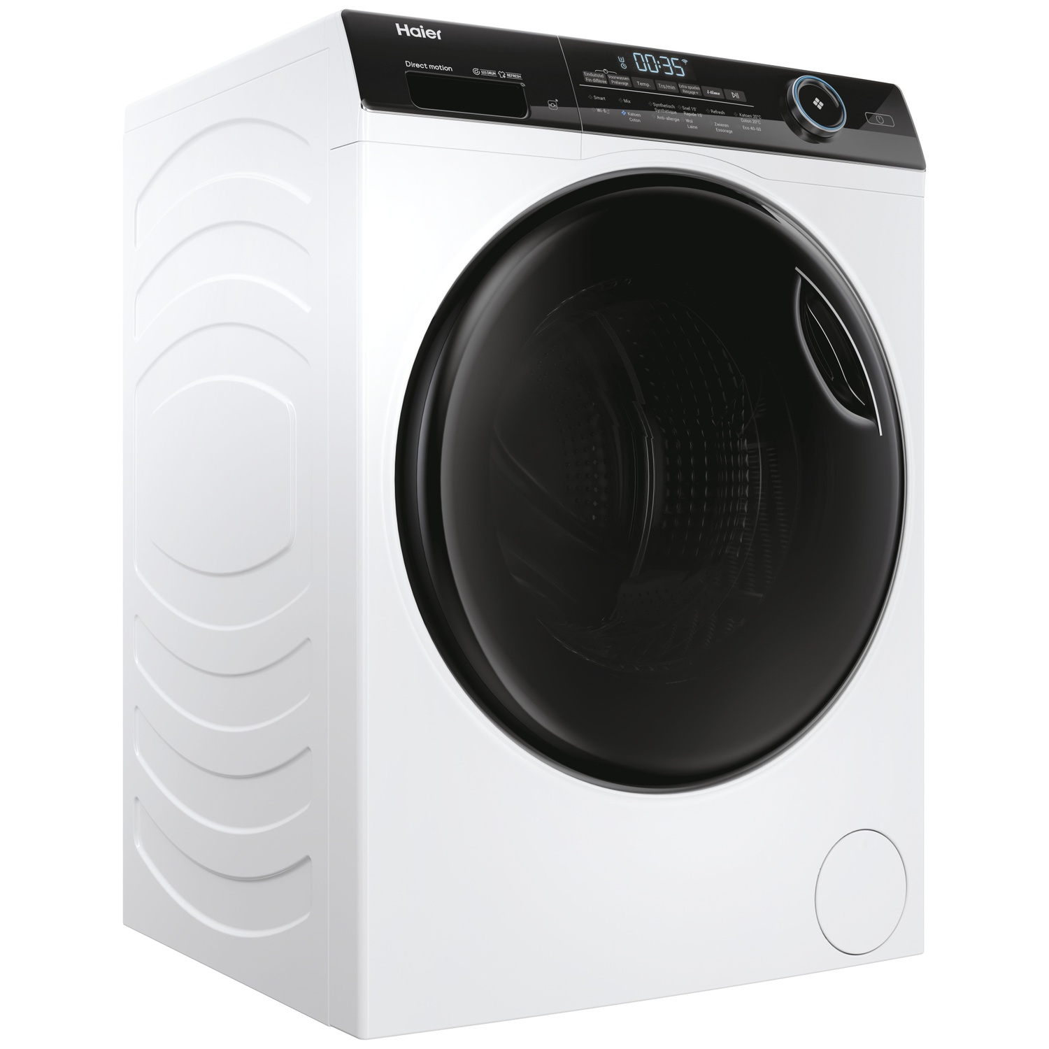 Witte Haier wasmachine met zwart deur en digitaal display.