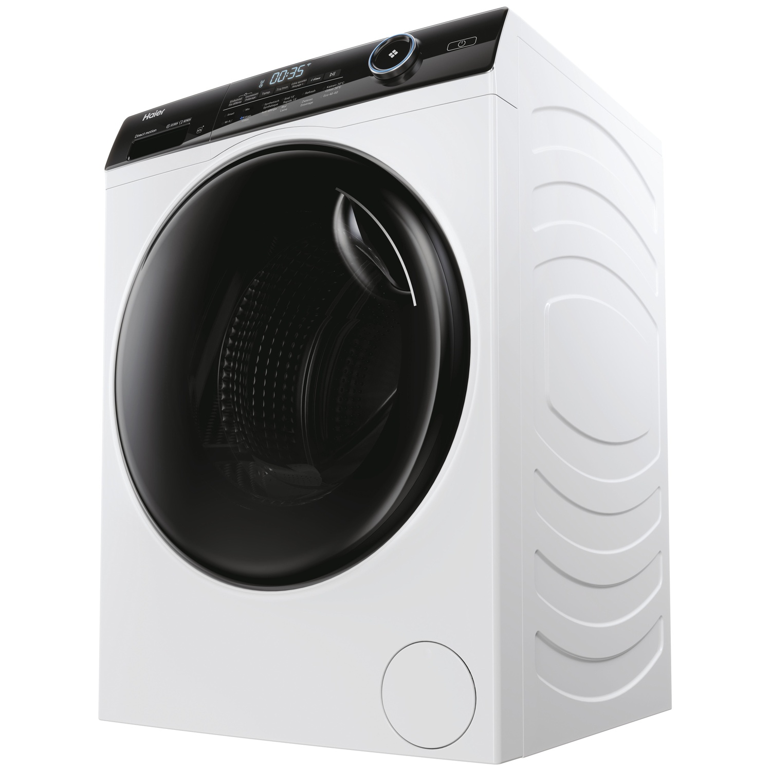 Een witte Haier wasmachine met een zwart deur en digitaal display.
