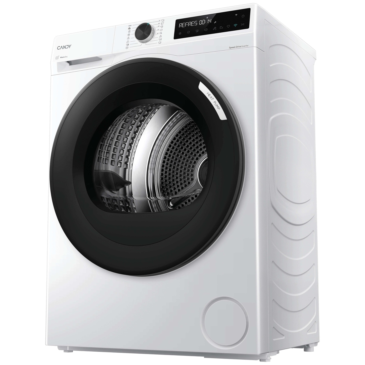 A white clothes dryer, front view, featuring a black door and digital display.