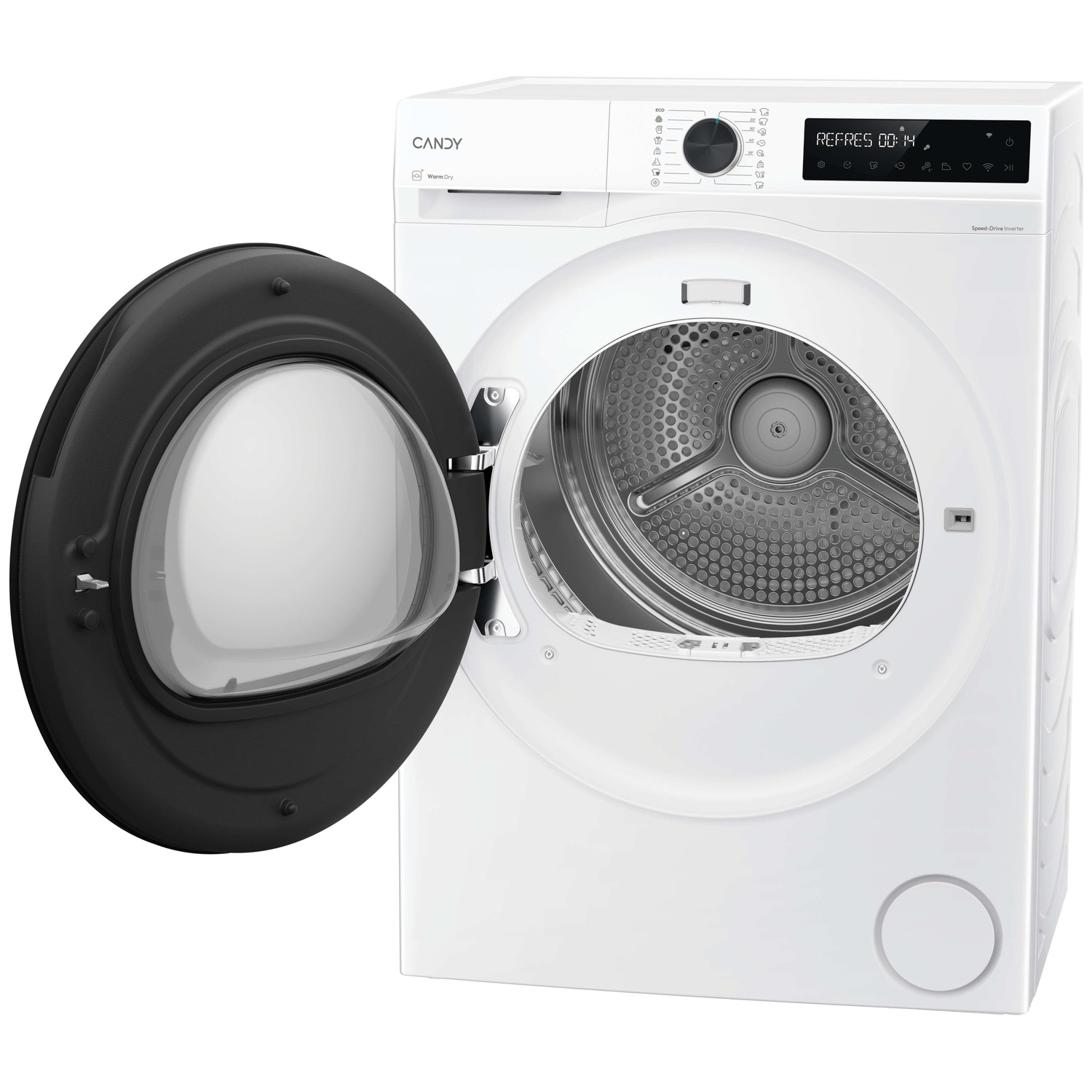 White Candy washing machine with open black door and digital display.
